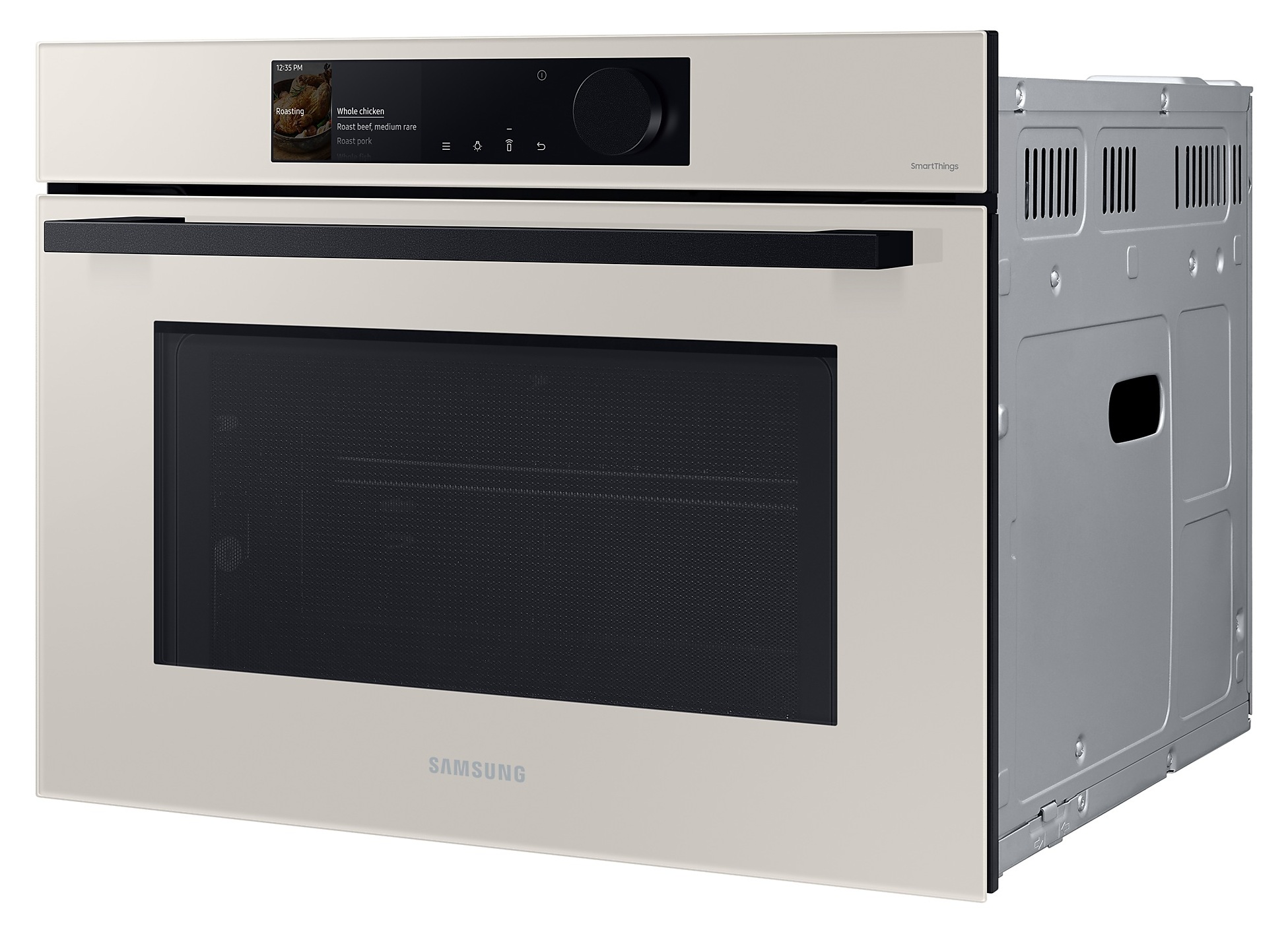 Wyświetlany jest beżowy piekarnik Samsung. Posiada czarny ekran z opcjami gotowania, czarny uchwyt i srebrną stronę.