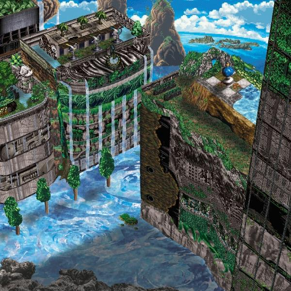 Isometrische Ansicht einer futuristischen Stadt mit Wasserfällen, Gebäuden und einer Küstenlandschaft mit Inseln und blauem Himmel.