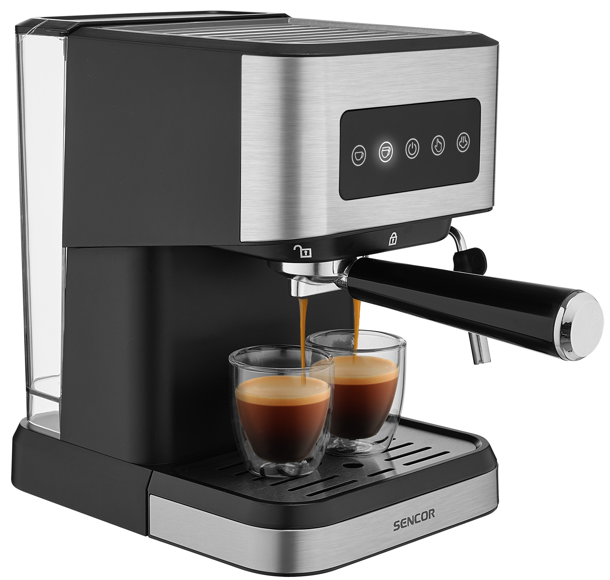 Ekspres do kawy z dwiema szklankami napełniającymi się kawą. Srebrny i czarny design. Przyciski z przodu.