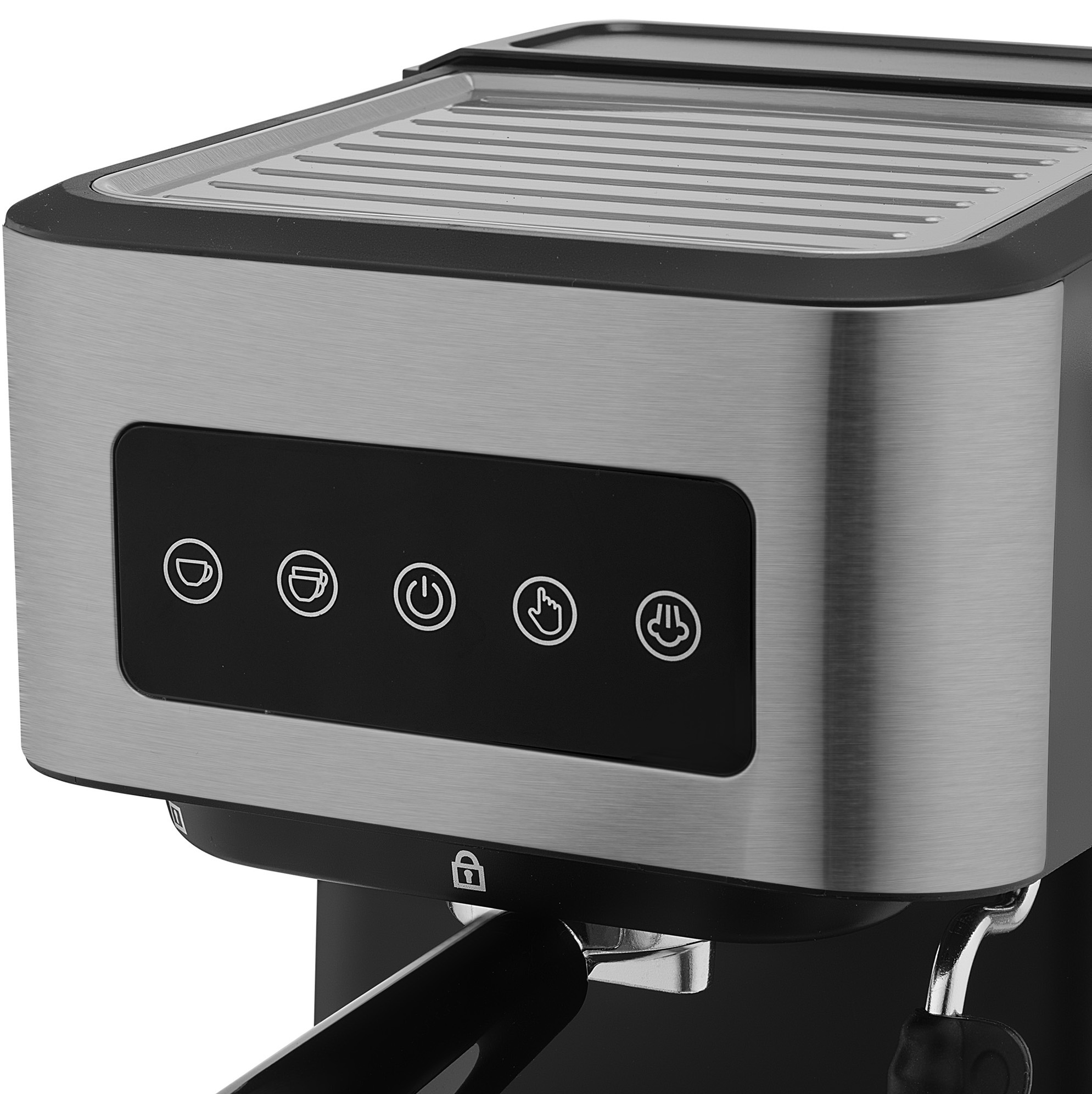 Ekspres do kawy. Srebrny i czarny z przyciskami: filiżanki, zasilanie i ustawienia. Górna część ma srebrną kratkę, dolna - kolbę.