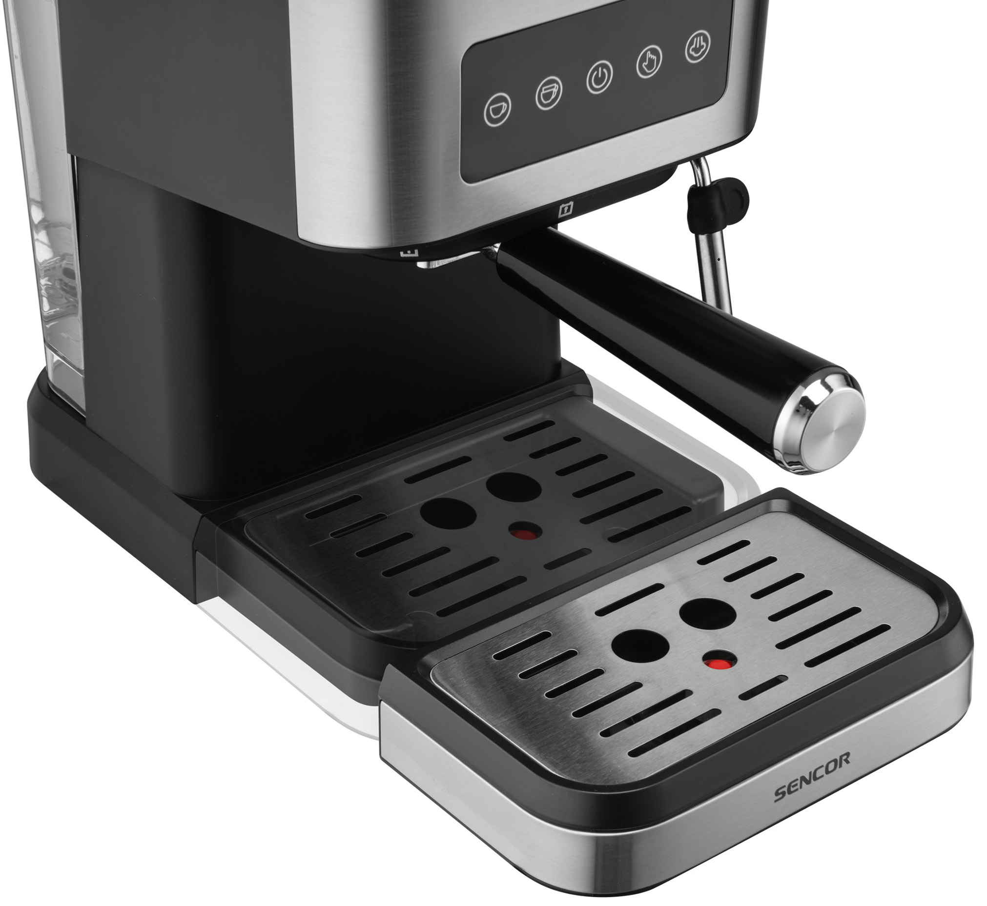 Srebrno-czarny ekspres do kawy. Posiada zbiornik na wodę, kolbę i tackę ociekową z logo Sencor.