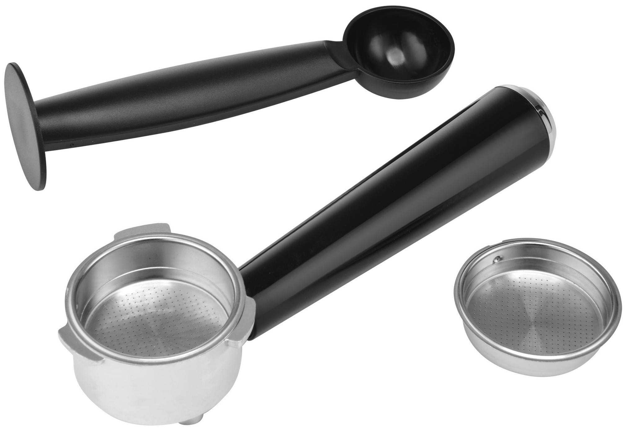 Obraz przedstawia części ekspresu do kawy: kolbę, łyżkę i koszyk filtra. Wszystkie części znajdują się na białym tle.