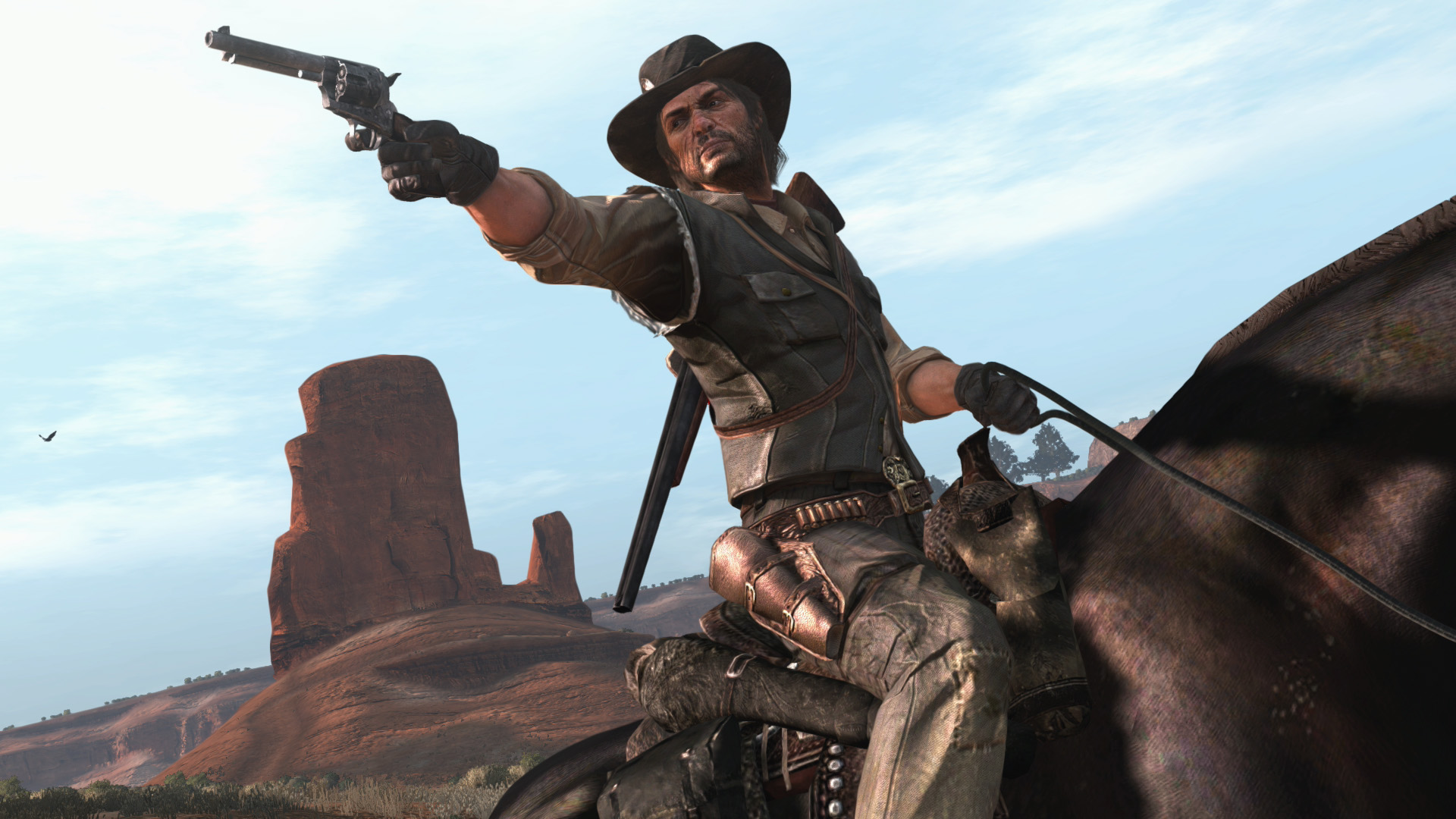 Ein Cowboy auf einem Pferd zielt mit einem Revolver. Im Hintergrund eine Wüstenlandschaft mit Felsformationen und blauem Himmel.