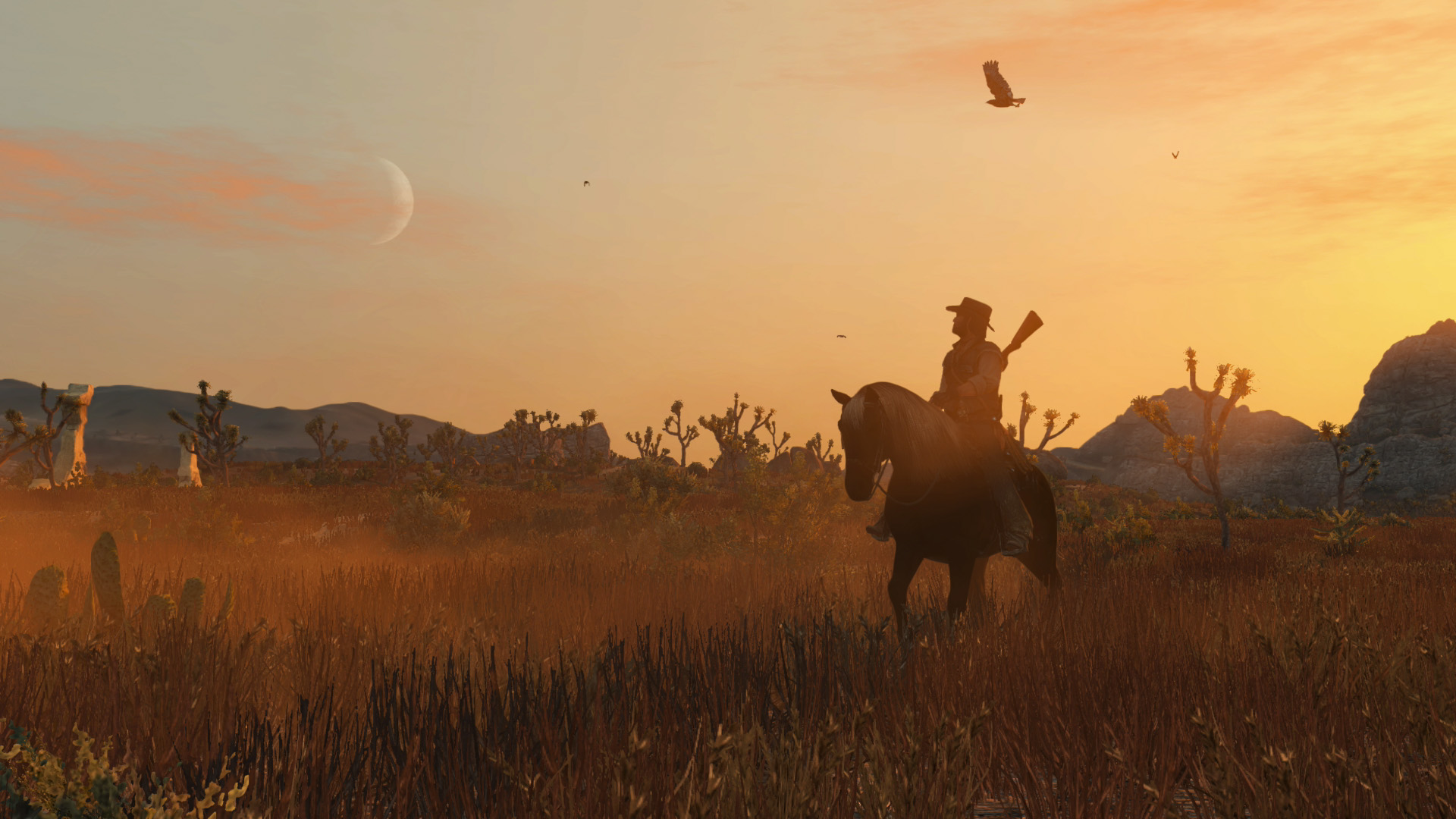 Ein Cowboy auf einem Pferd vor einem Sonnenuntergang. Ein Adler fliegt darüber. Wüstenlandschaft mit Mond am Himmel.