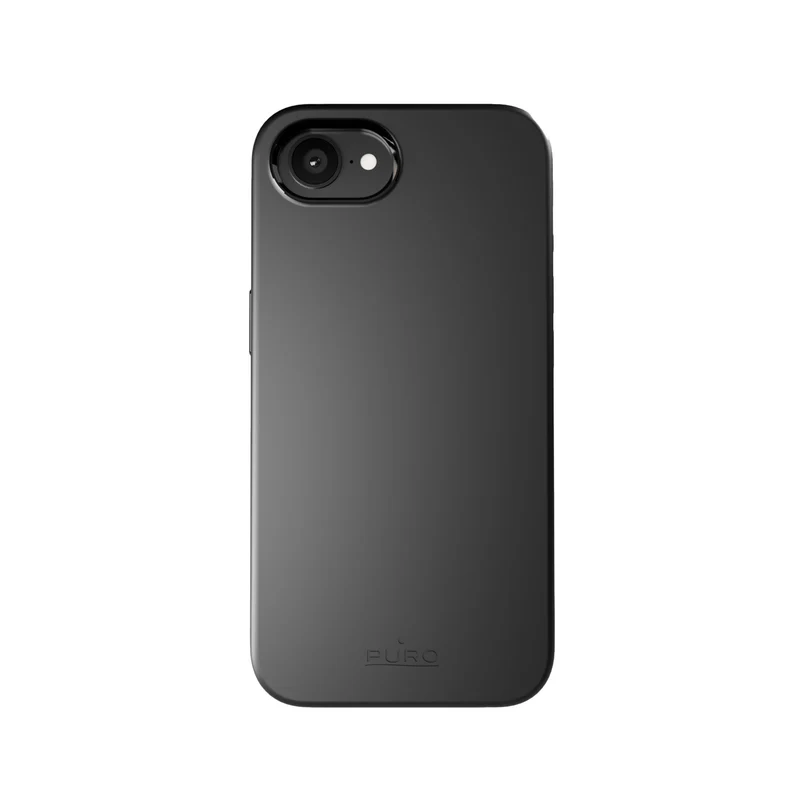 Alt kısımda 'PURO' yazısı ve kamerası olan siyah bir telefon kılıfı. Parlak ve pürüzsüz bir yüzeye sahip.