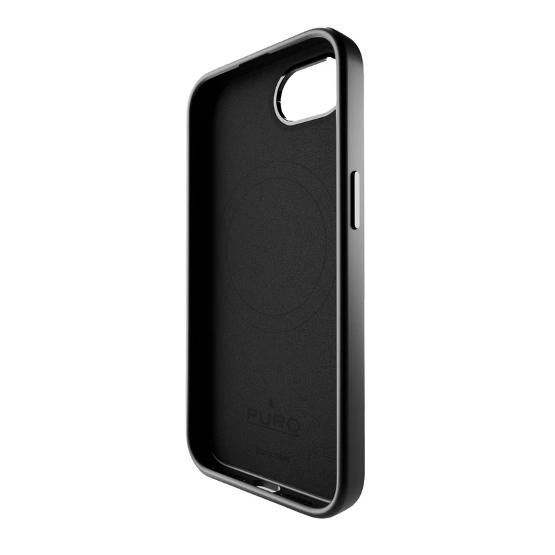 Gümüş çerçeveli siyah bir telefon kılıfı. İç kısım, dairesel tasarımlı siyahtır. 'PURO' markası görünür.