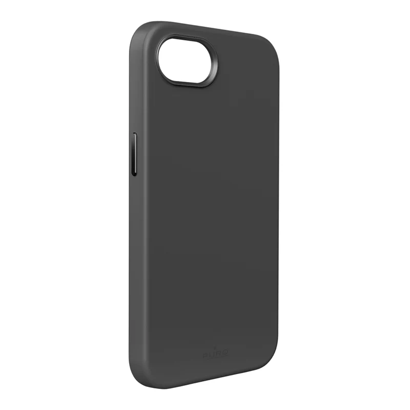 Kamera deliği ve yan düğmesi olan koyu gri bir telefon kılıfı. Alt kısımda 'puro' kelimesi görünür.