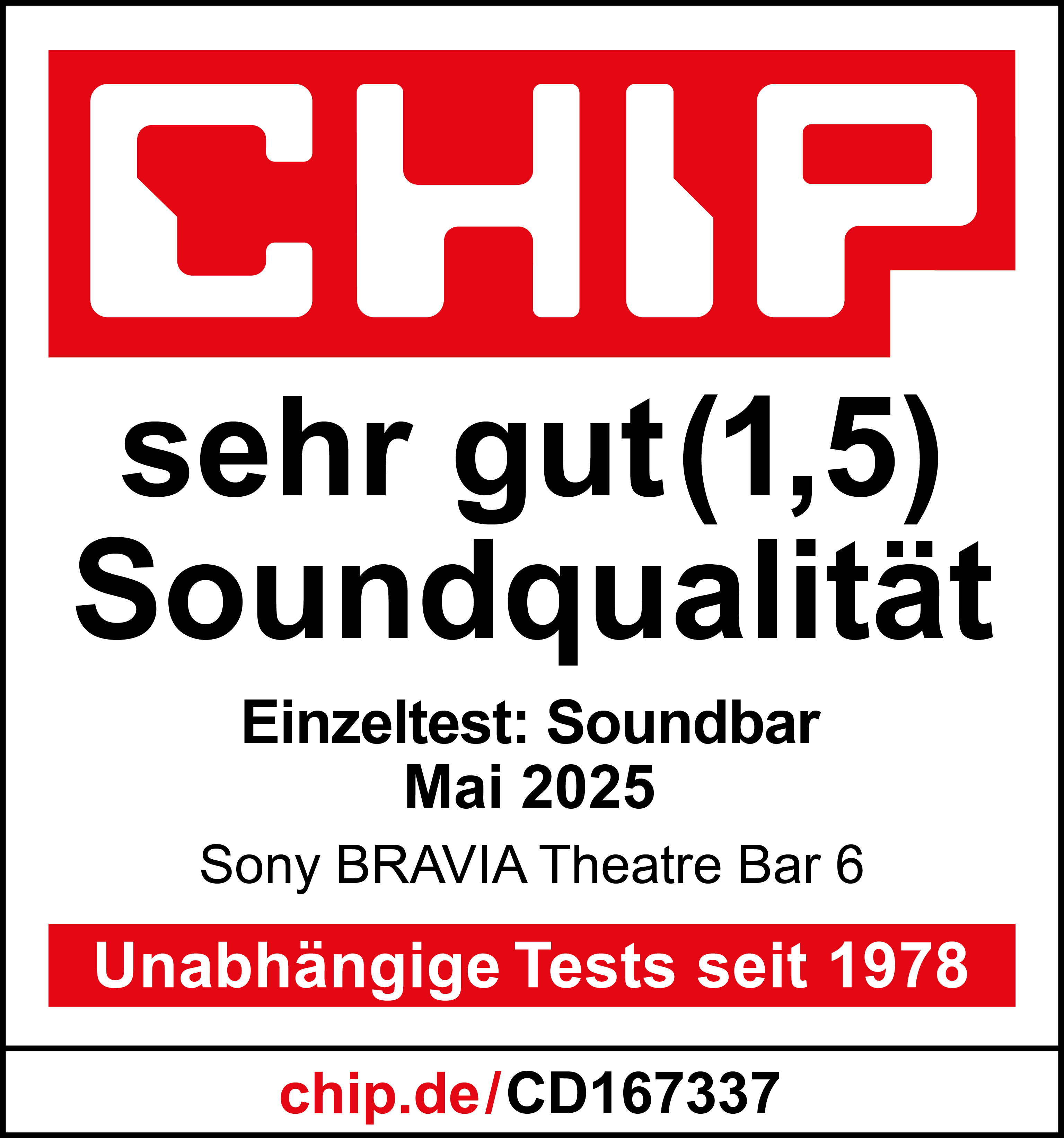 Das Bild zeigt ein rotes und weißes Schild mit einem 'CHIP'-Logo und Text über ein Soundbar-Testergebnis.