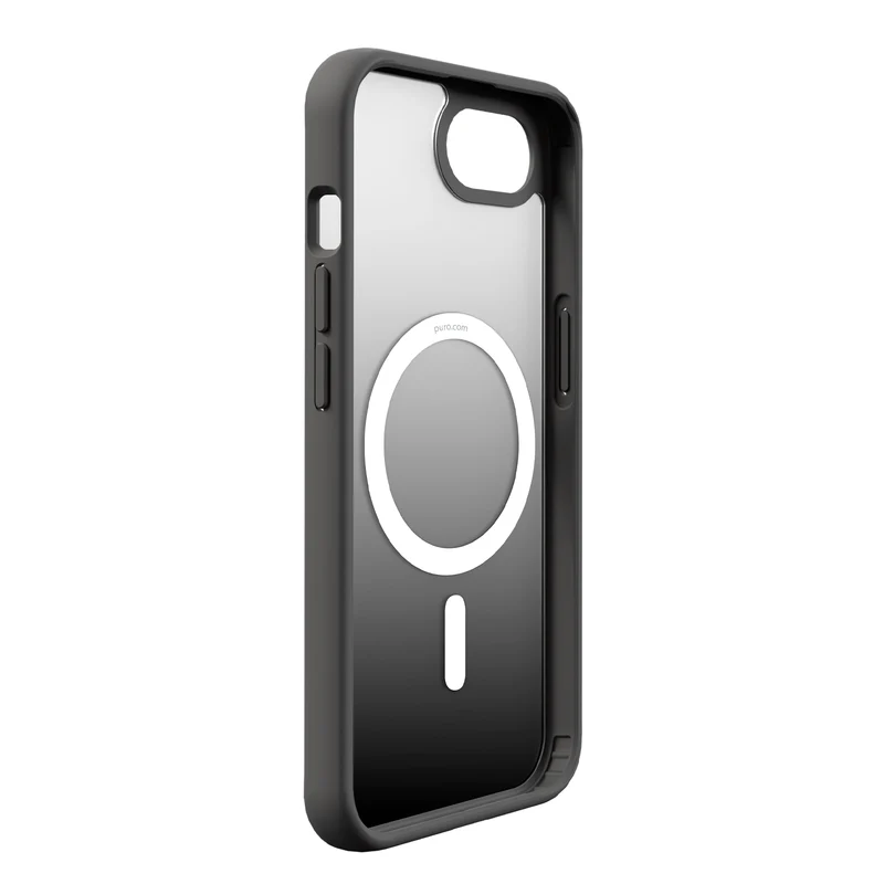 Eine schwarze und transparente Handyhülle mit weißem kreisförmigen MagSafe-Design. Die Hülle hat einen Farbverlauf von transparent zu schwarz.