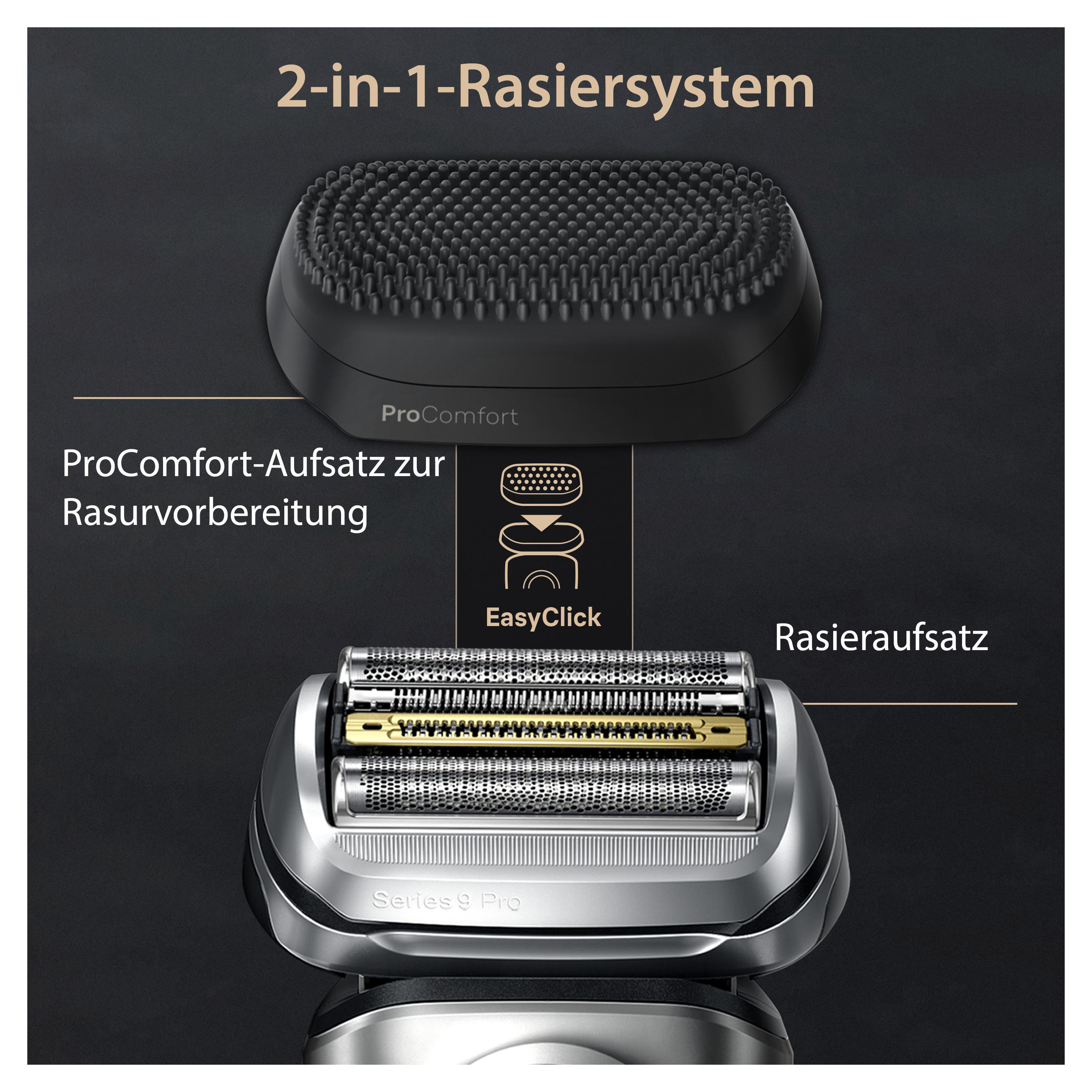 Das Bild zeigt einen Rasierer mit zwei Aufsätzen. Text: 2-in-1-Rasiersystem, ProComfort, EasyClick, Rasieraufsatz, Series 9 Pro.