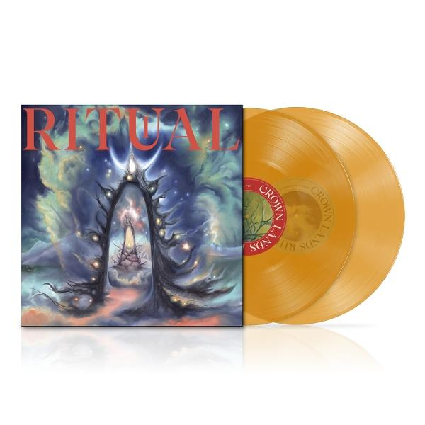 Albumcover mit surrealer Landschaft und zwei goldenen Vinylplatten. Auf dem Cover steht 'RITUAL' mit einer Fantasy-Szene.