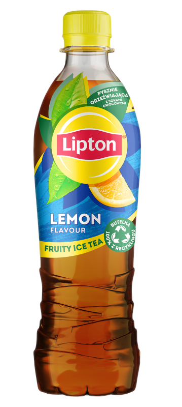 Butelka herbaty mrożonej Lipton Lemon. Ma żółtą nakrętkę i etykietę z grafiką cytryny i liści. To plastikowa butelka.