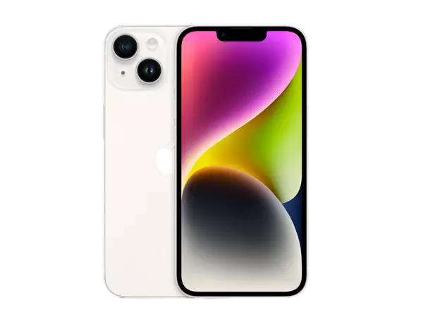 Beyaz bir iPhone 14 Pro, kameralı arka tarafı ve renkli gradyanlı ekranı gösteriyor.