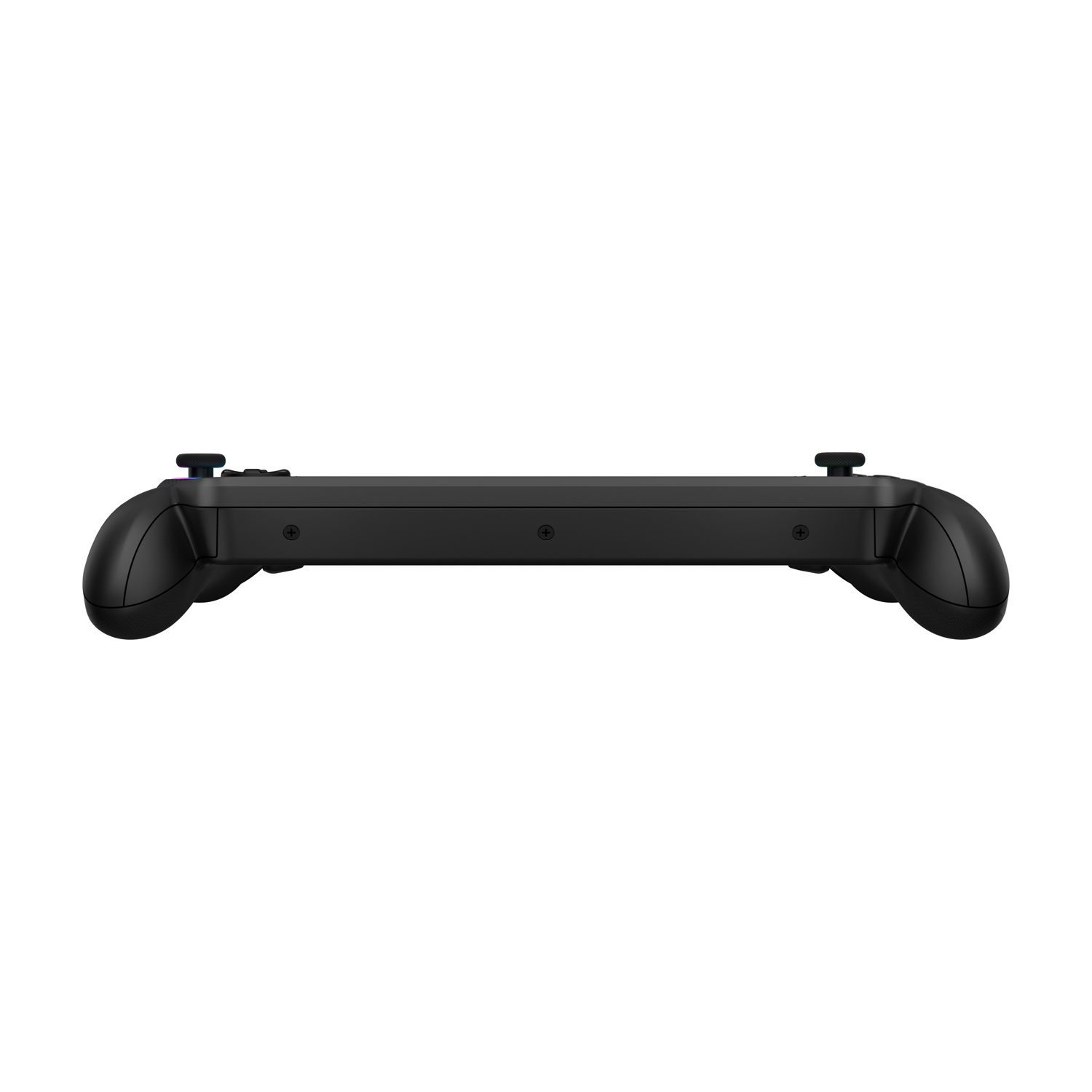 Controller di gioco nero con pulsanti, joystick e impugnature, visto di profilo. È posto su uno sfondo bianco.
