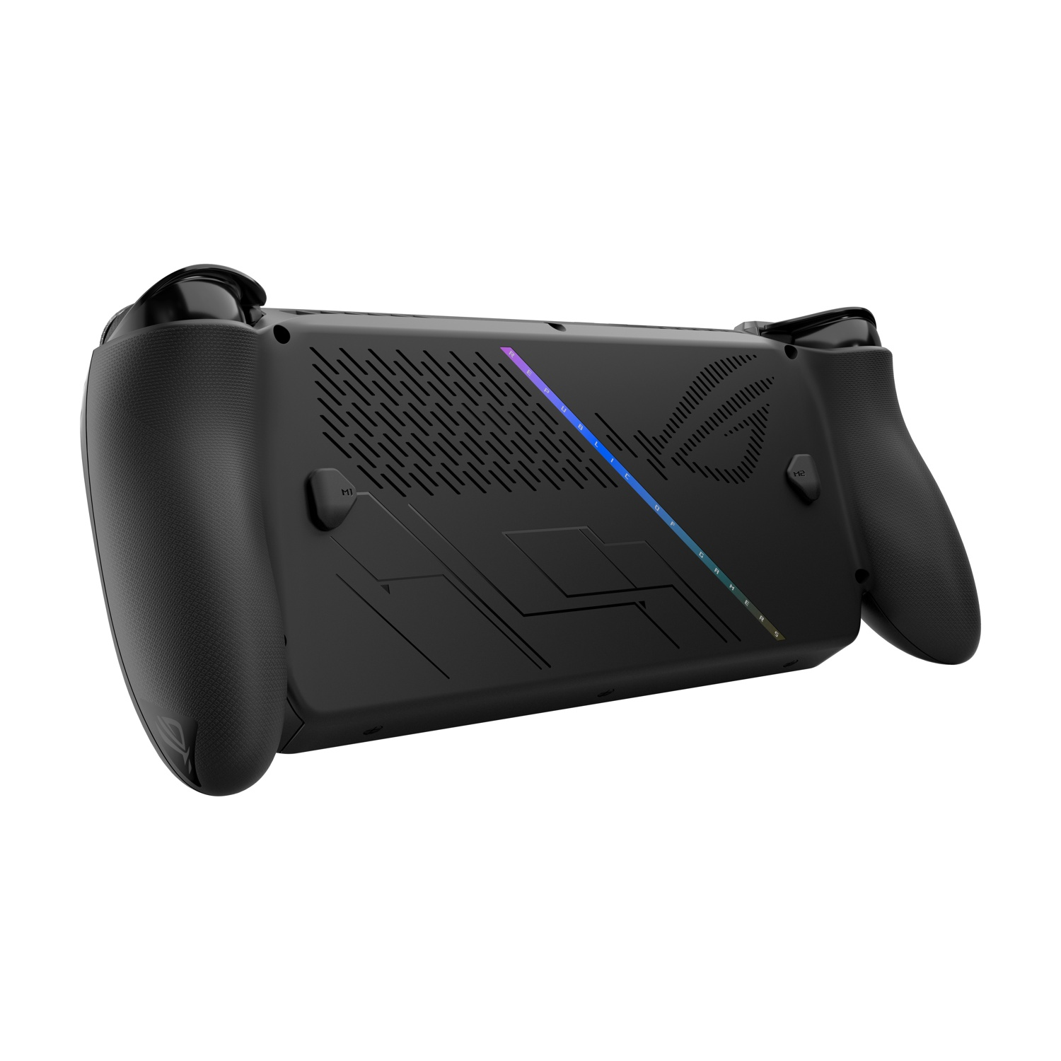 Dispositivo di gioco portatile nero, vista angolata. Presenta impugnature strutturate, pulsanti e retro con motivo e striscia luminosa.