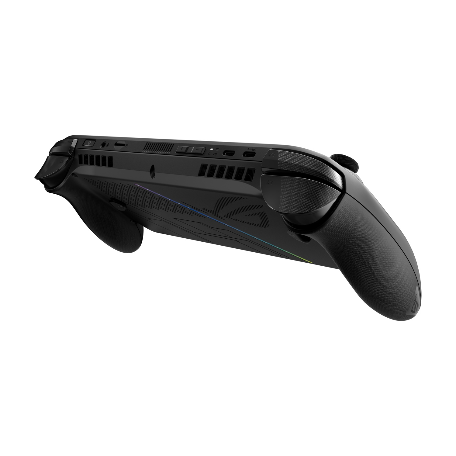 Un dispositivo di gioco portatile nero, angolato, che mostra pulsanti, joystick e prese d'aria. Ha un'impugnatura strutturata e un logo.