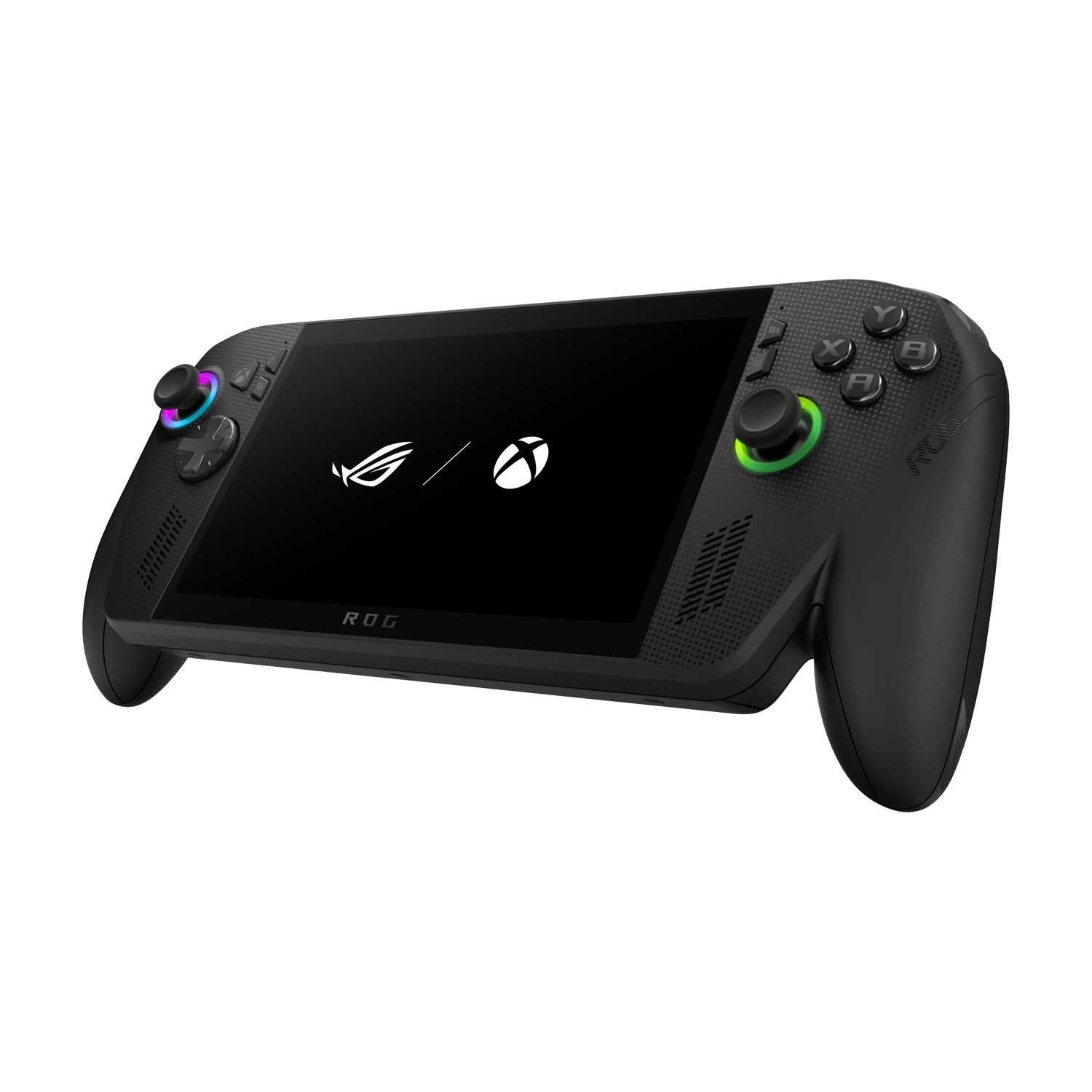 Console di gioco portatile nera con schermo che mostra loghi. Caratterizzata da levette di controllo, pulsanti e superficie strutturata. Sfondo bianco.