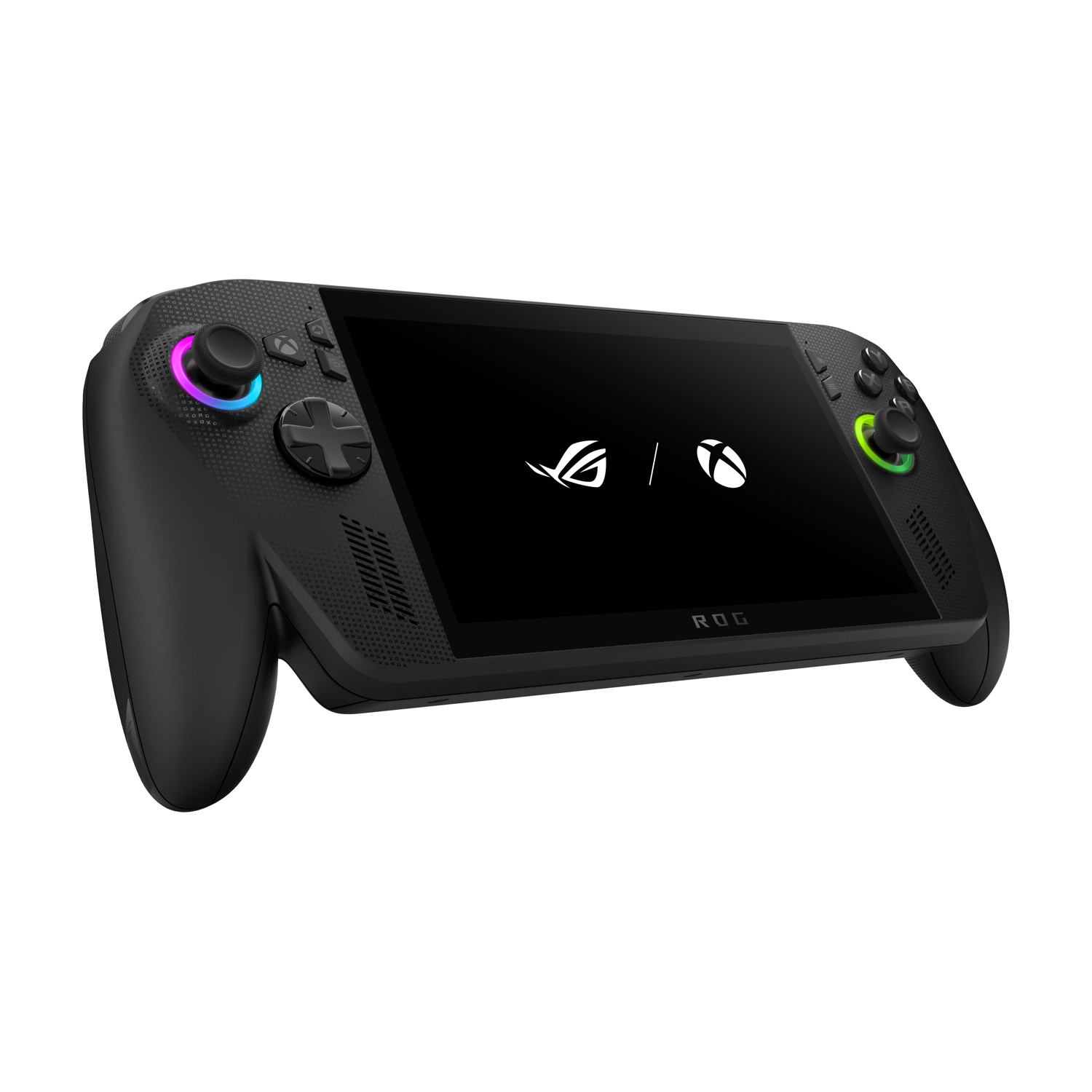 Un dispositivo di gioco portatile ROG nero con uno schermo che mostra loghi. Ha levette e pulsanti su entrambi i lati. Lo sfondo è bianco.