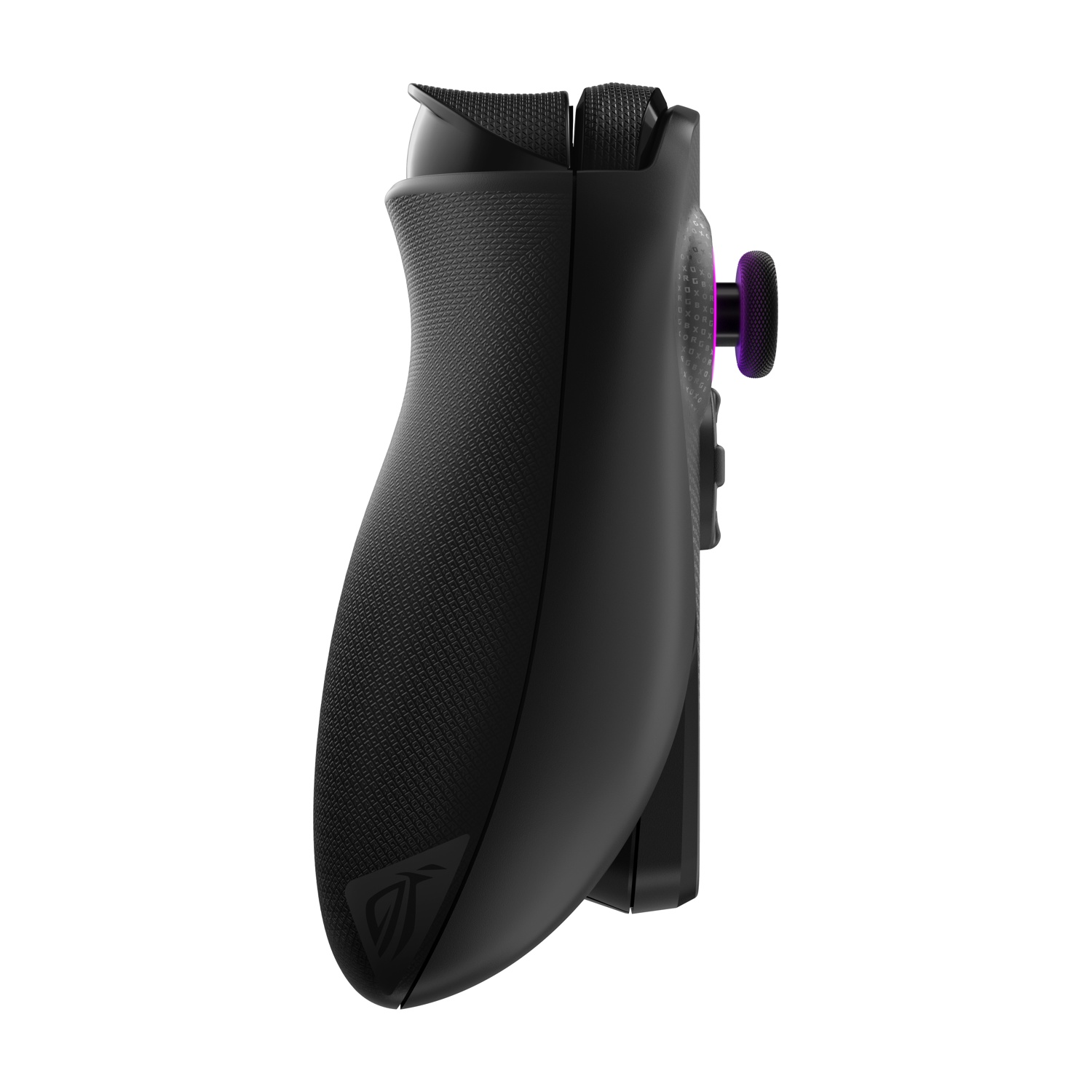 Un controller di gioco nero è mostrato di profilo su sfondo bianco. Ha un'impugnatura strutturata, pulsanti e un joystick viola.