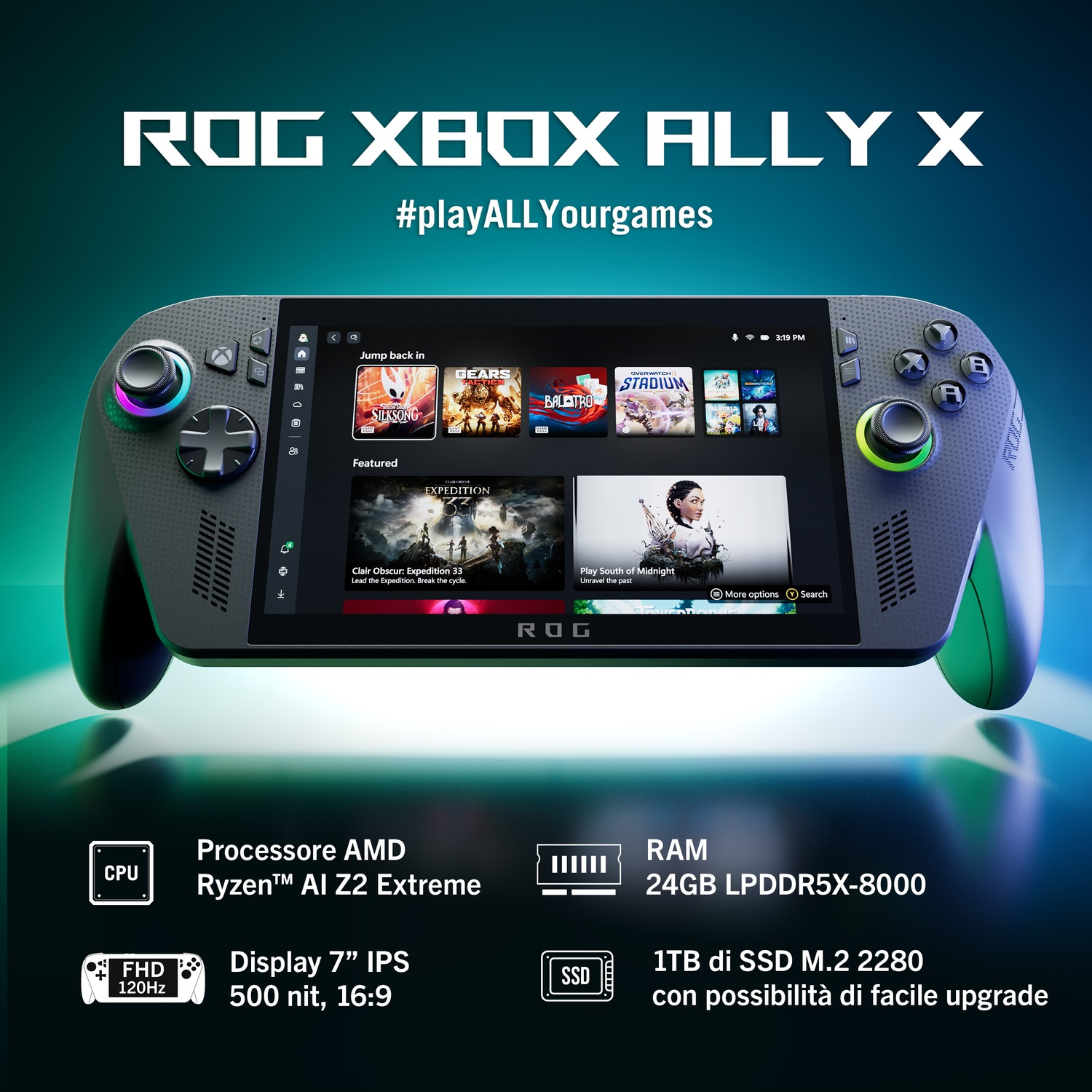 Un dispositivo di gioco portatile ROG Xbox Ally X con schermo che mostra selezioni di giochi e specifiche tecniche.