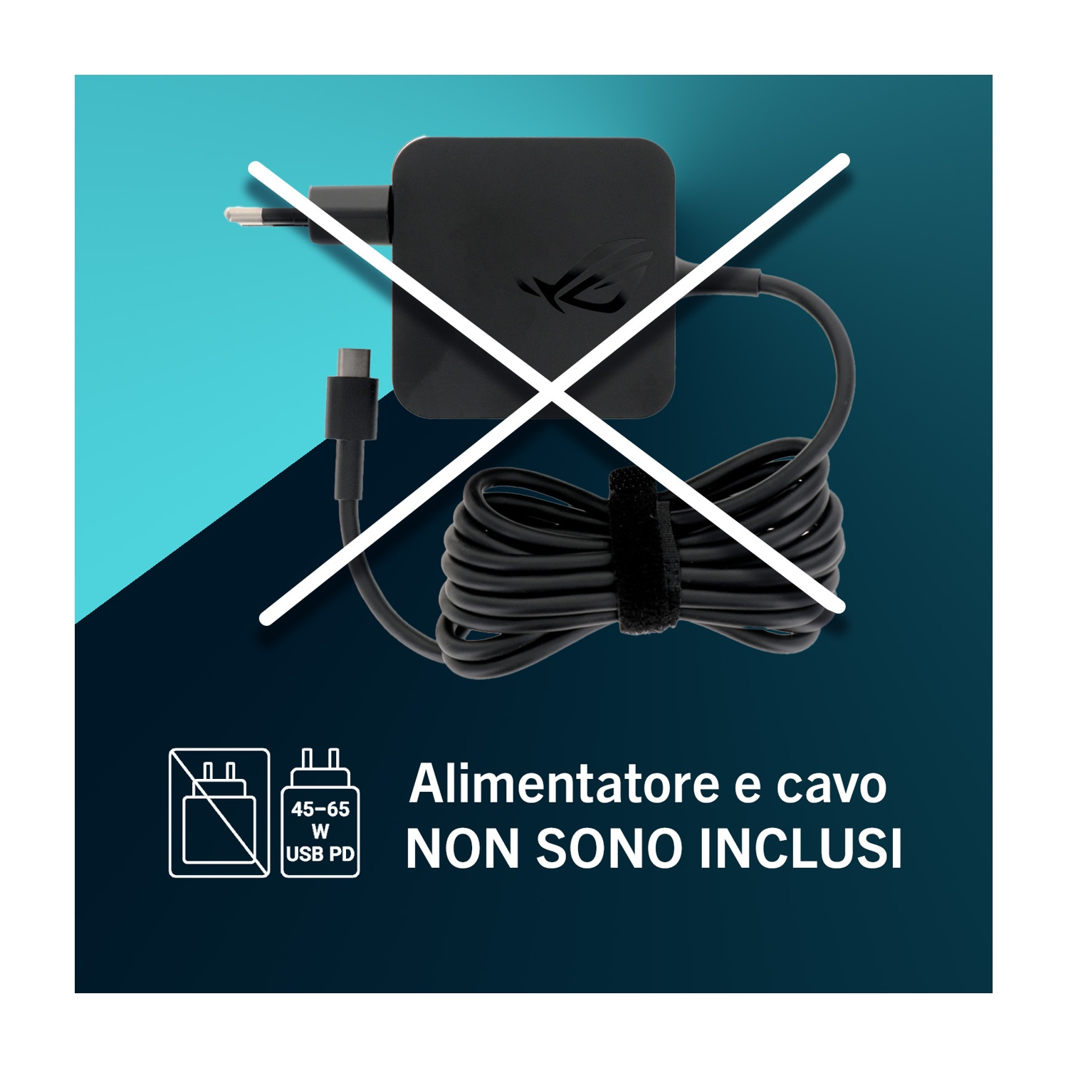 L'immagine mostra un caricatore nero con una croce bianca. Testo: 'Alimentatore e cavo NON SONO INCLUSI'.