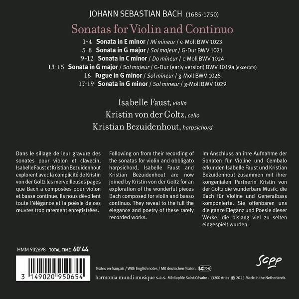 CD-Cover mit Text über Bach-Sonaten, Interpreten und Titeln. Enthält einen Barcode und das Harmonia Mundi-Logo.