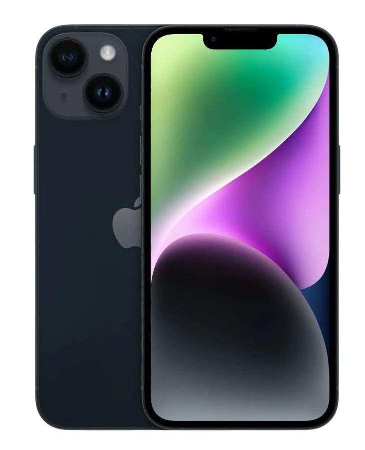 Koyu mavi bir iPhone, degrade ekranlı. Arkası kameraları ve Apple logosunu gösteriyor. Siyah zemin.