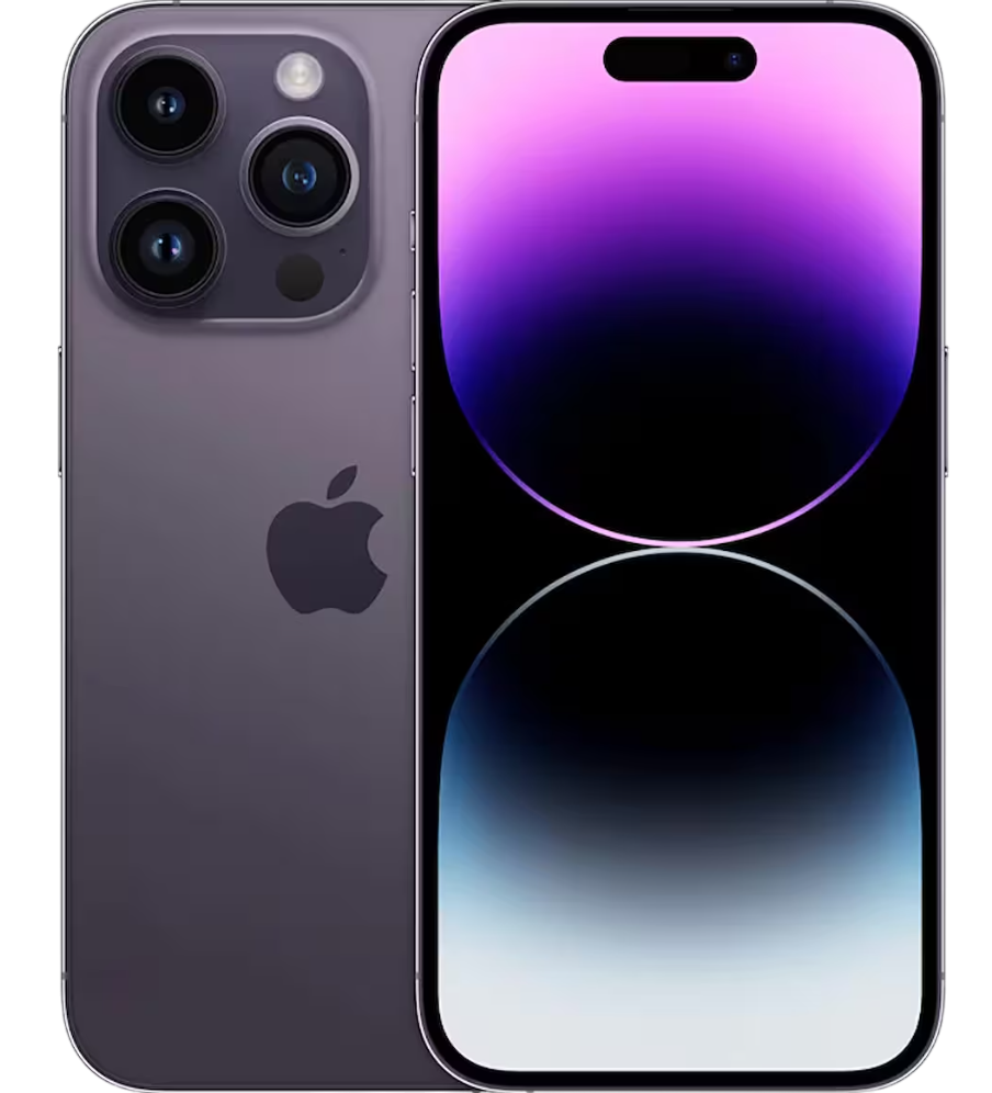 Mor bir iPhone 14 Pro. Ekran mor ve maviden oluşan bir gradyan gösteriyor. Arkada üç kamera görülebilir.