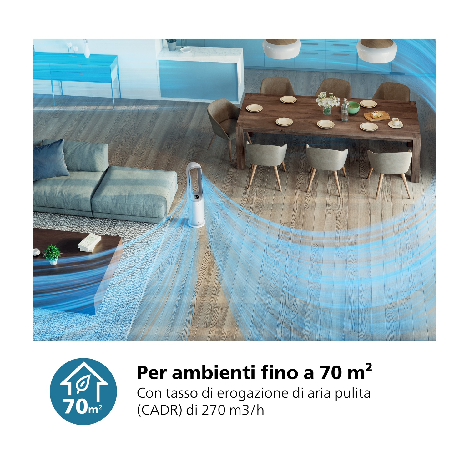 Un moderno soggiorno con ventilatore, divano e tavolo da pranzo. Il ventilatore soffia aria. L'immagine contiene anche testo sul ventilatore.