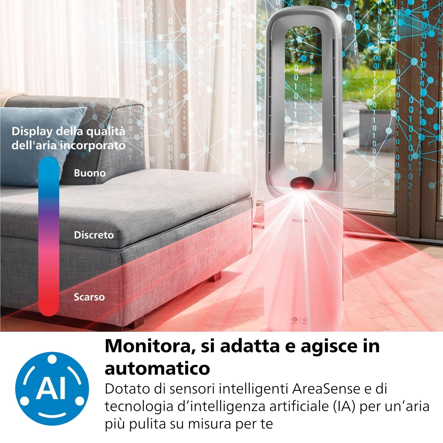 Un purificatore d'aria con display integrato della qualità dell'aria. Ha un logo IA e testo in italiano che descrive le sue funzioni intelligenti.
