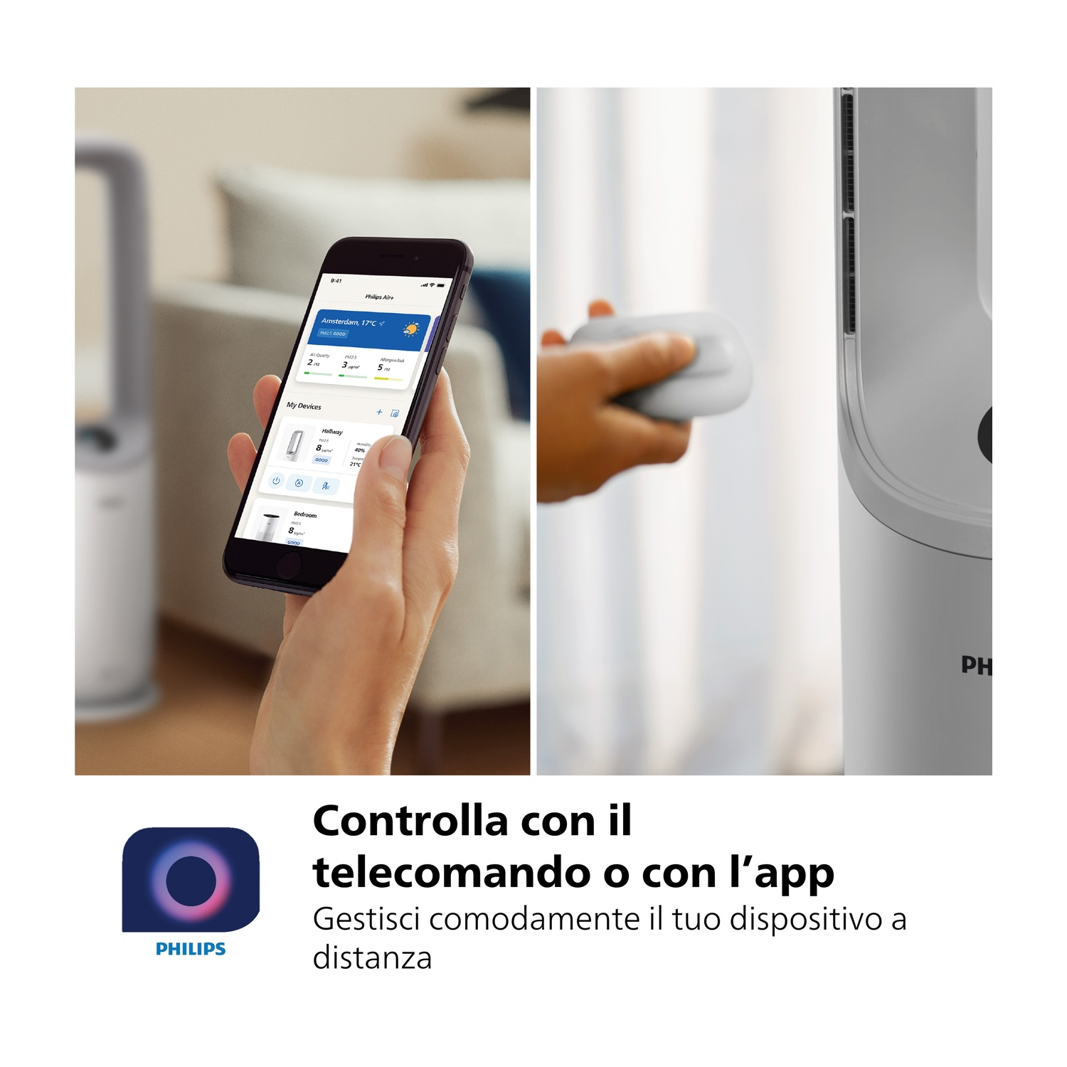 Una mano tiene un telefono che mostra un'interfaccia dell'app. Un telecomando viene tenuto in mano e un purificatore d'aria bianco è visibile. Il logo Philips è in basso.