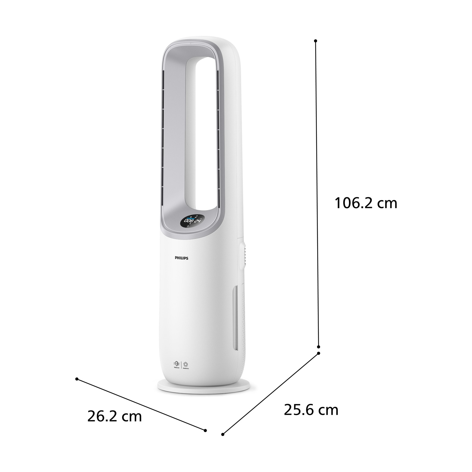 Un condizionatore d'aria Philips bianco con dimensioni. Ha un display digitale e un design aperto. Misure: 106,2 cm, 26,2 cm e 25,6 cm.