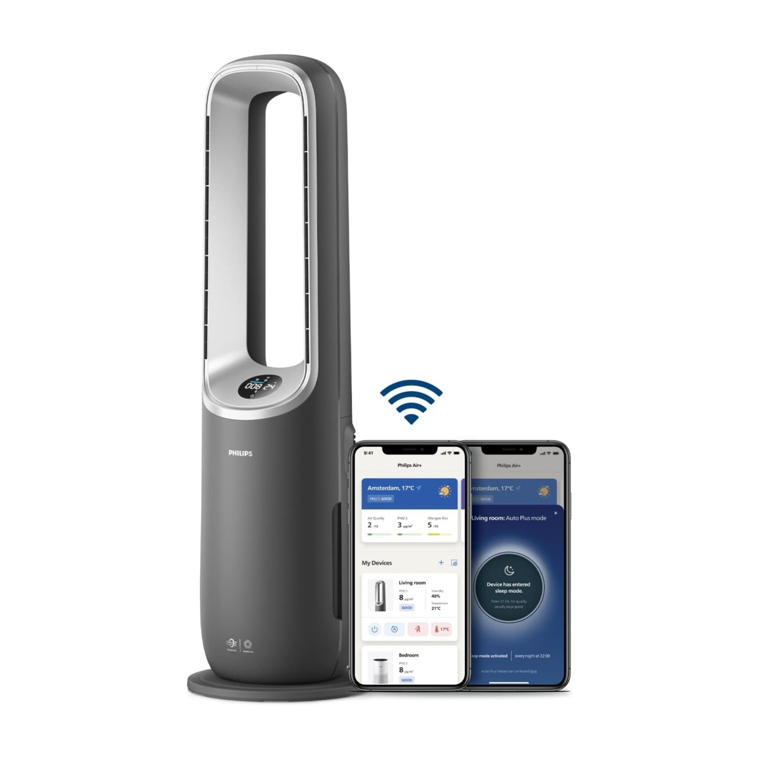 Un purificatore d'aria Philips grigio scuro è accanto a due smartphone che mostrano l'interfaccia dell'app. Un simbolo wifi è sopra.