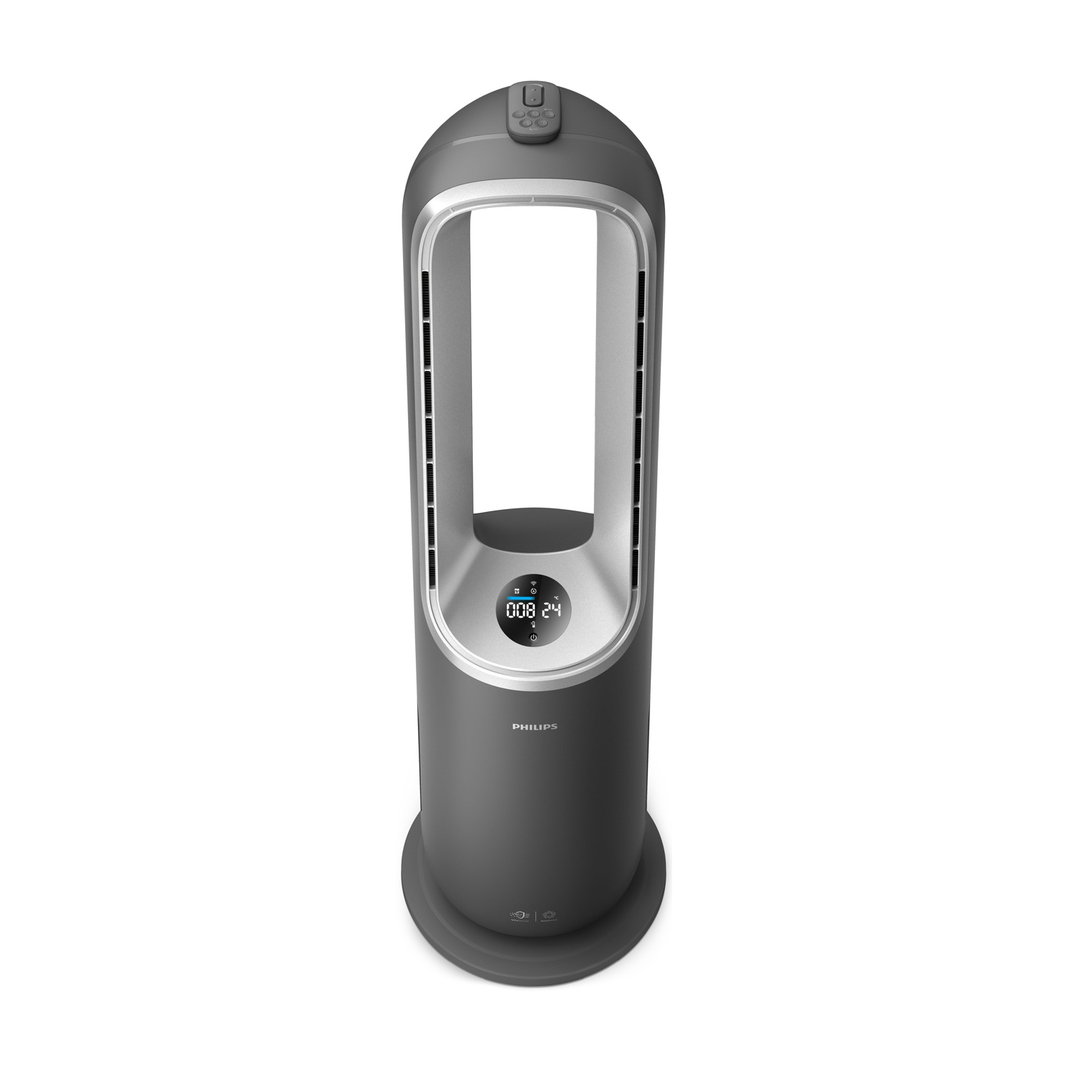 Un ventilatore a torre Philips grigio con display digitale. Ha una base circolare e un design verticale sottile.