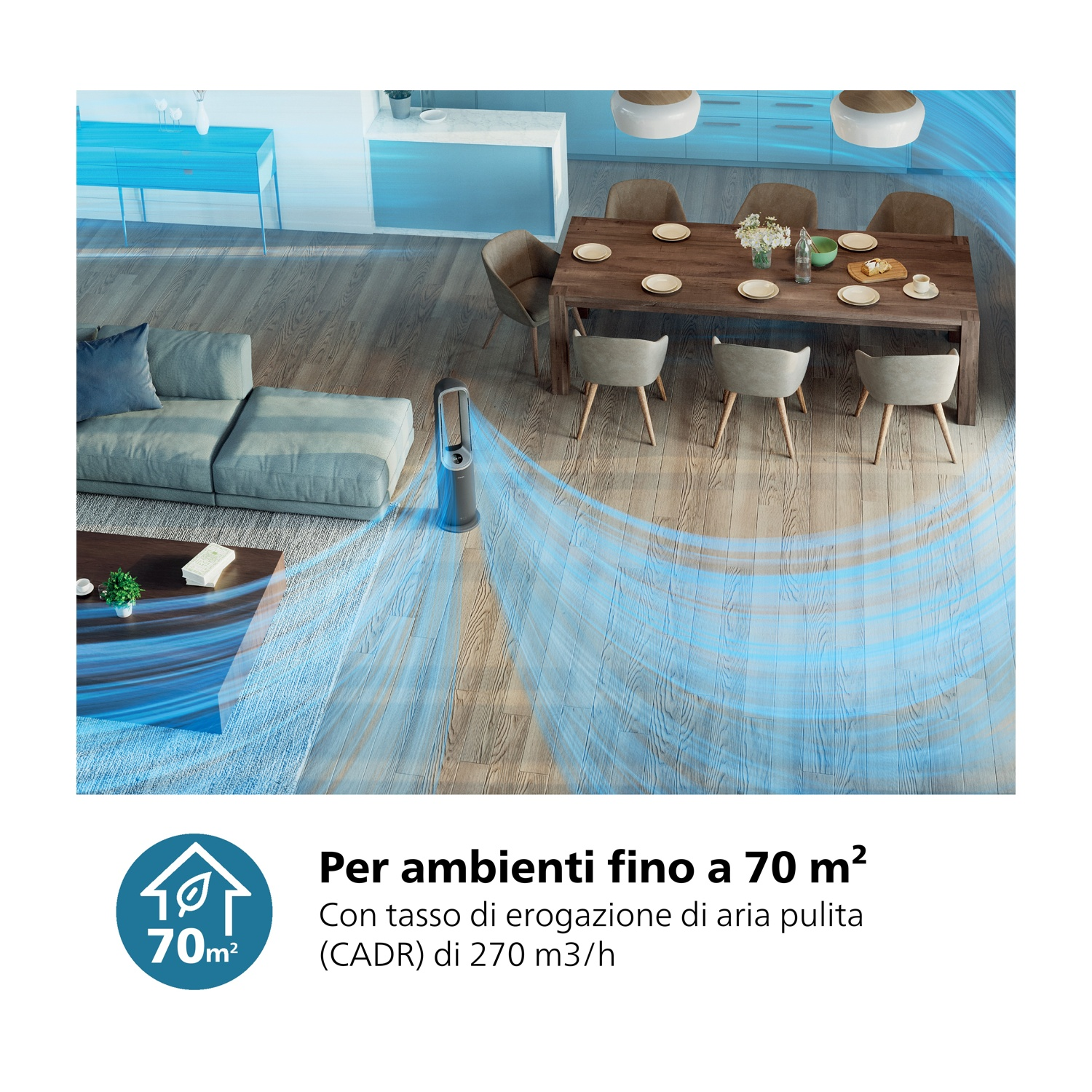 Soggiorno moderno con ventilatore. C'è un tavolo da pranzo con sedie. Testo: per spazi fino a 70 m².