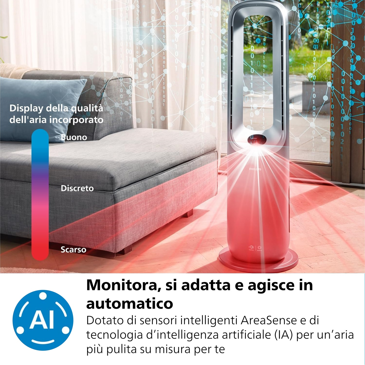 Un purificatore d'aria rosa accanto a un divano grigio. Testo mostra i livelli di qualità dell'aria. Logo IA in basso.