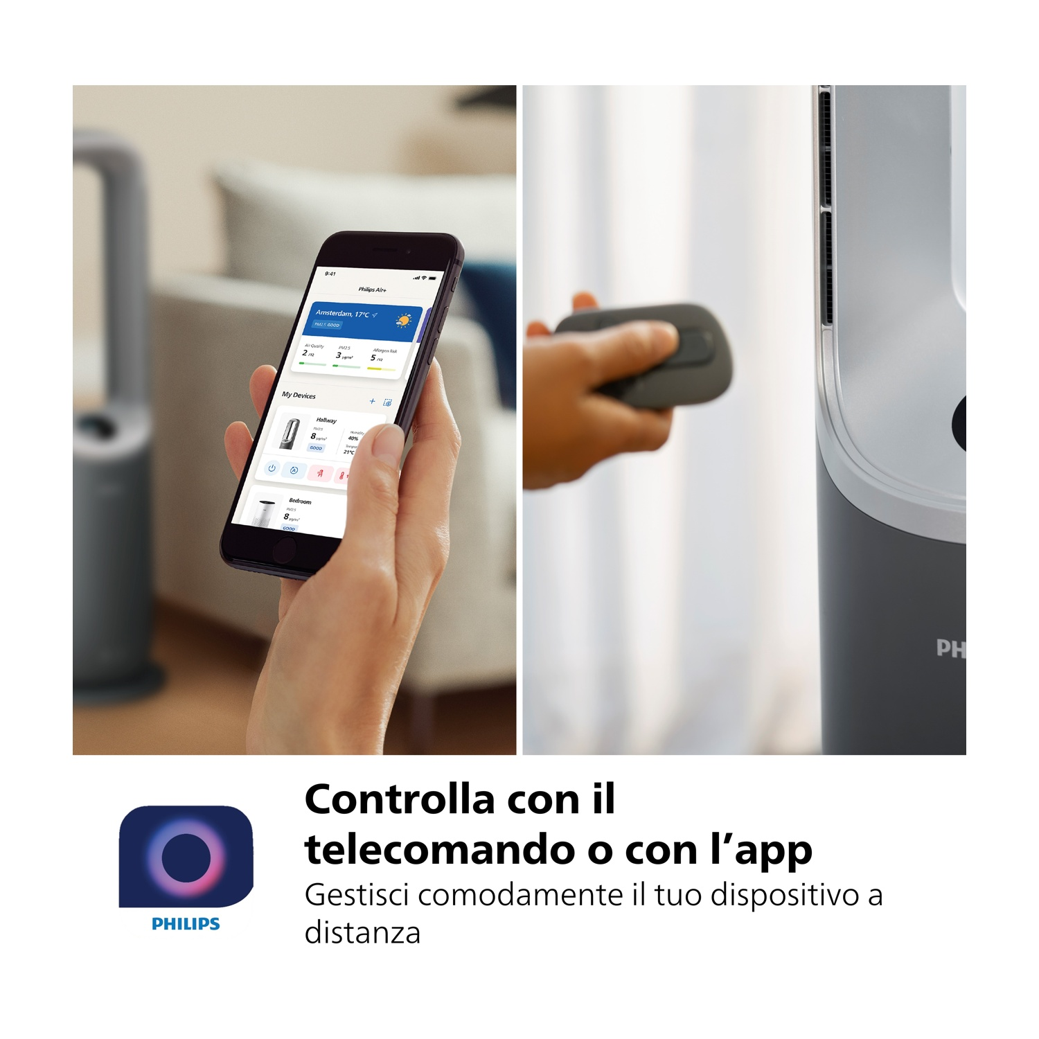 Una persona tiene in mano un telefono che mostra un'app che controlla un dispositivo Philips. Un telecomando in mano. Un purificatore d'aria moderno.