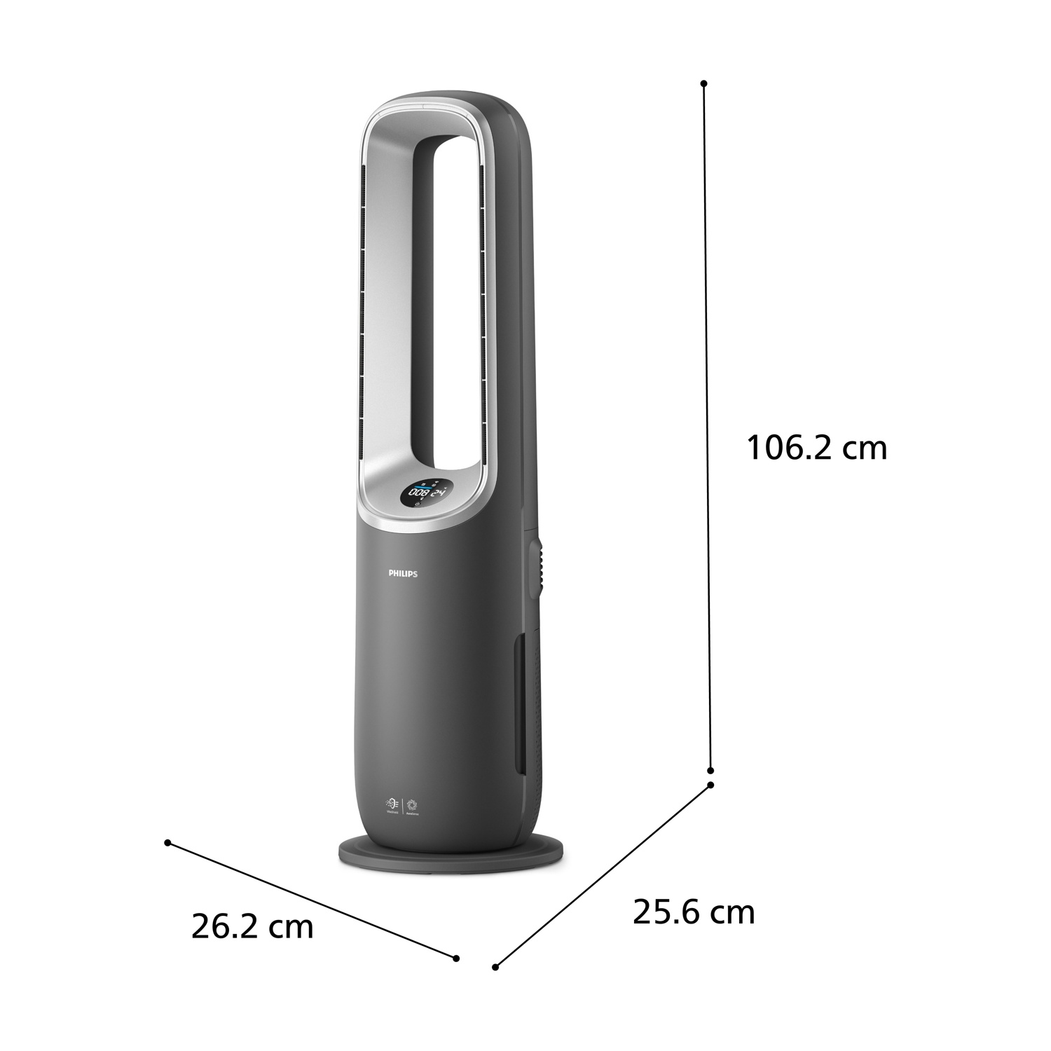 Un ventilatore a torre Philips, grigio e argento. Dimensioni: 106,2 cm di altezza, 26,2 cm di larghezza e 25,6 cm di profondità. Ha un display digitale.