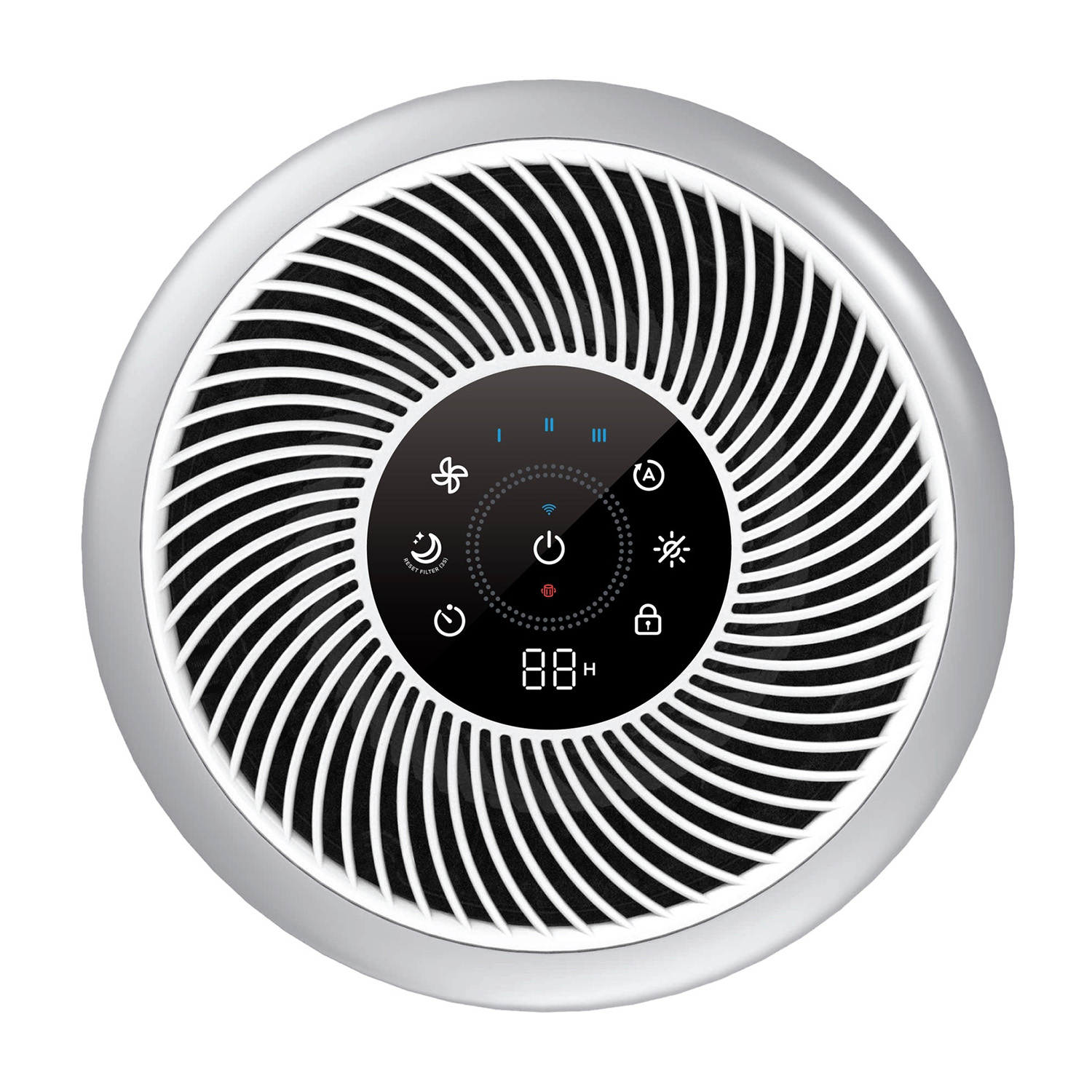 Purificatore d'aria dal design circolare. Ha un display digitale e pulsanti per diverse funzioni come velocità della ventola, blocco e modalità notturna.
