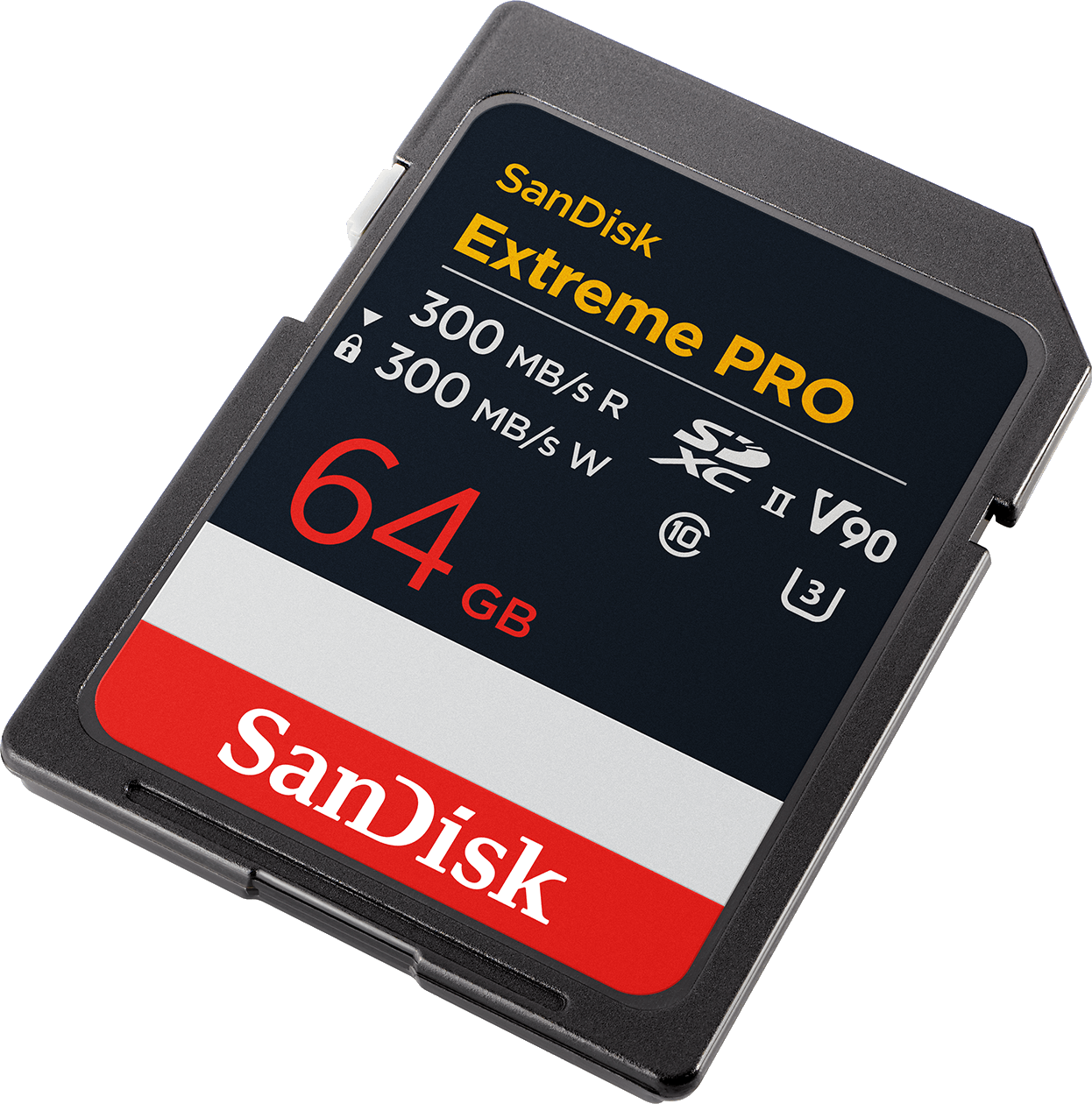 Eine Sandisk Extreme PRO SD-Karte. Schwarz mit roten und weißen Akzenten. Zeigt Geschwindigkeit, 64 GB Kapazität und Sandisk-Branding.