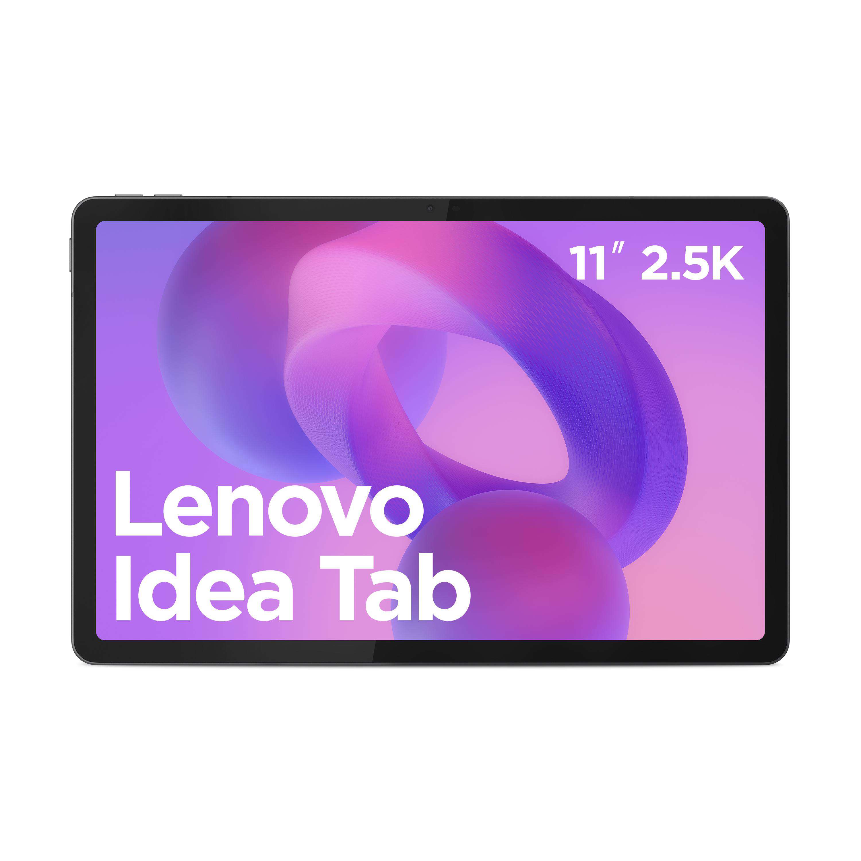 Ein schwarzes Tablet zeigt das Lenovo Idea Tab Logo. Der Bildschirm zeigt ein abstraktes rosa-violettes Design.