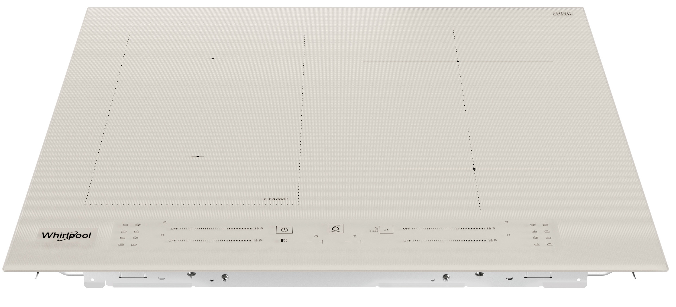 Kremowa płyta indukcyjna Whirlpool z czterema strefami gotowania. Ma sterowanie dotykowe i metalową ramę.