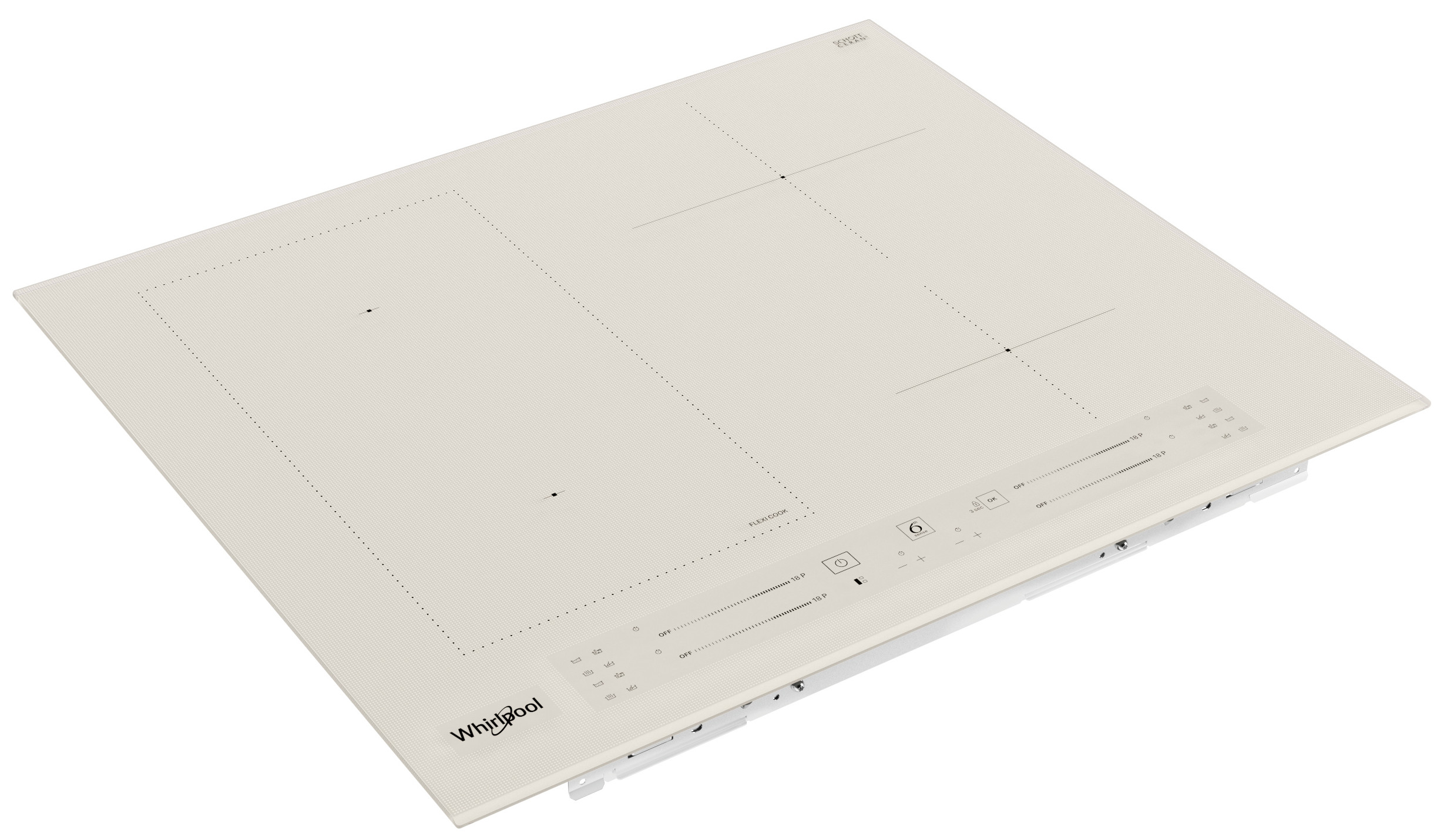 Beżowa płyta indukcyjna Whirlpool. Ma sterowanie dotykowe i strefy gotowania z przerywanymi konturami. Powierzchnia jest czysta i nowoczesna.