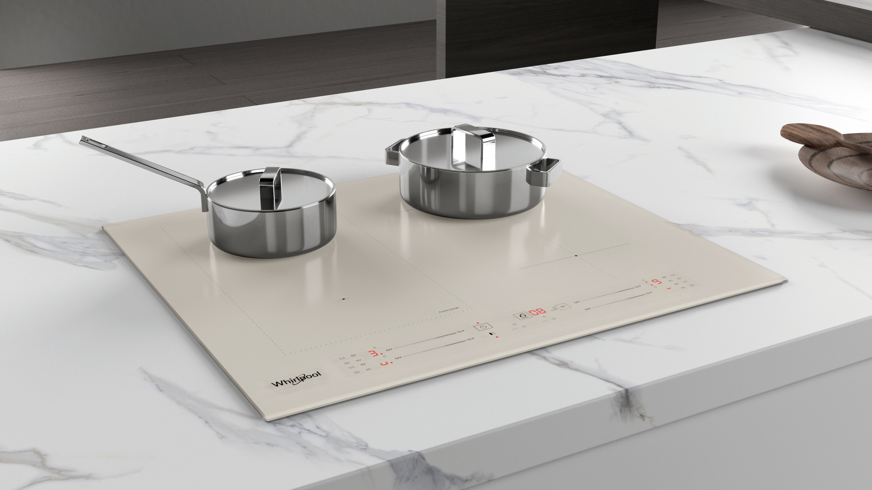 Scena kuchenna z płytą grzejną i dwoma garnkami ze stali nierdzewnej. Drewniana łyżka na marmurowym blacie.