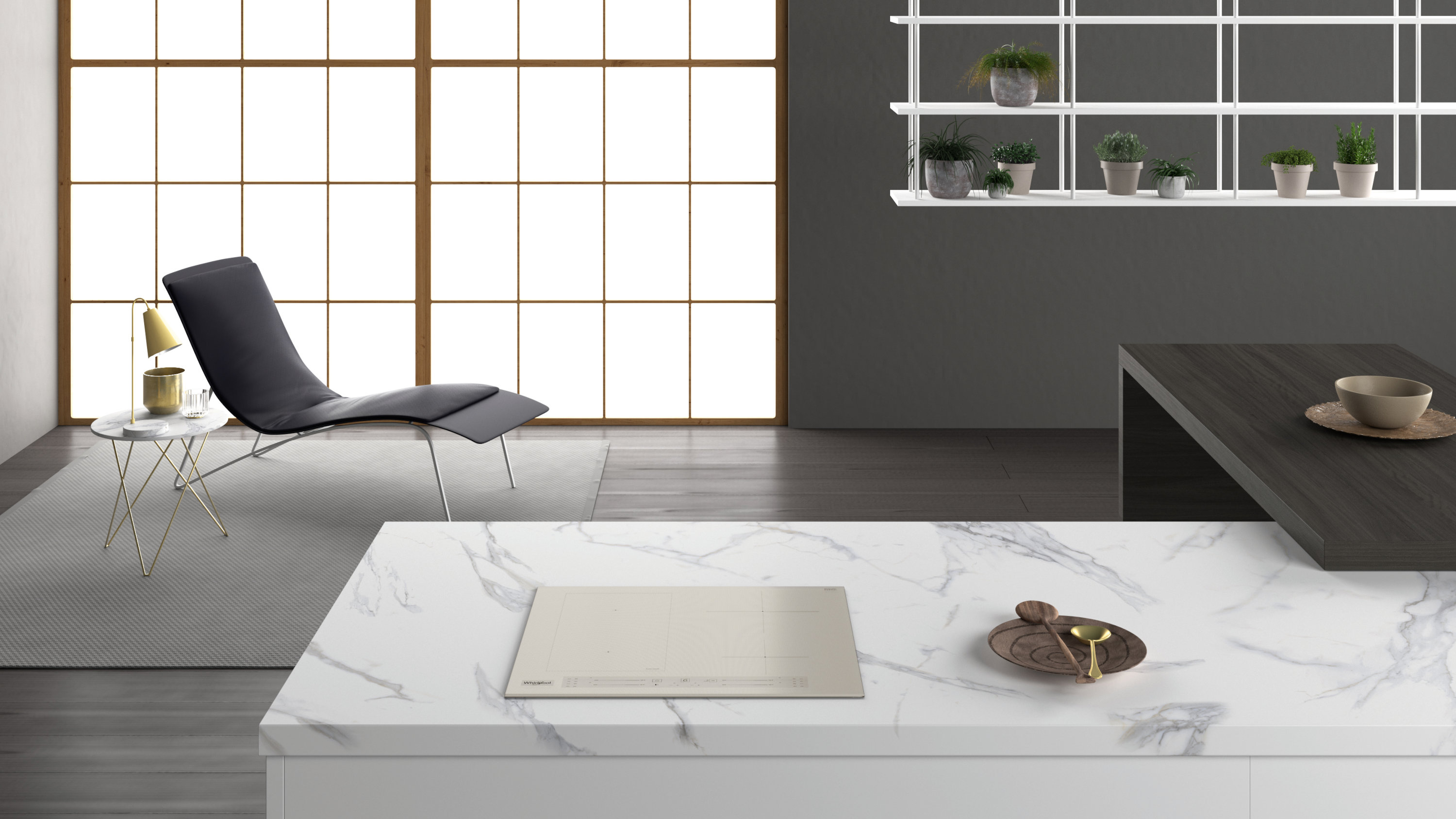 Nowoczesna kuchnia z białym blatem, czarnym krzesłem i dużym oknem w kratkę. Na półkach są rośliny.