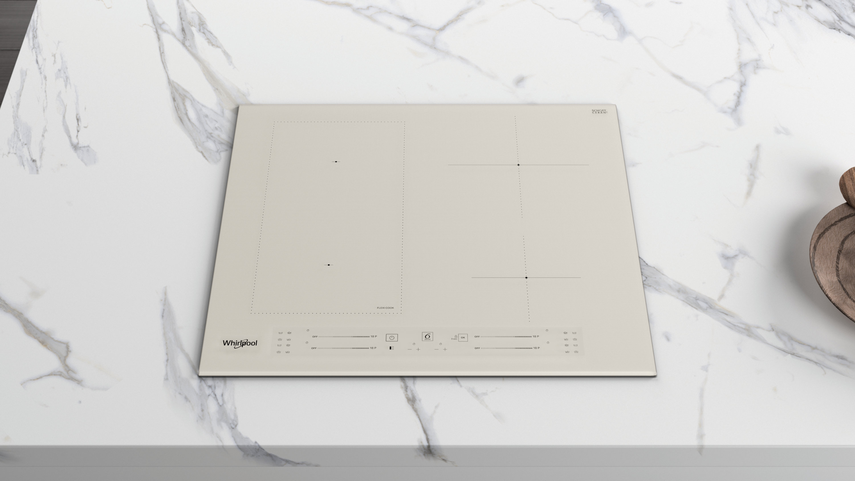 Jasna beżowa płyta indukcyjna na marmurowym blacie. Płyta ma elementy dotykowe i logo Whirlpool.