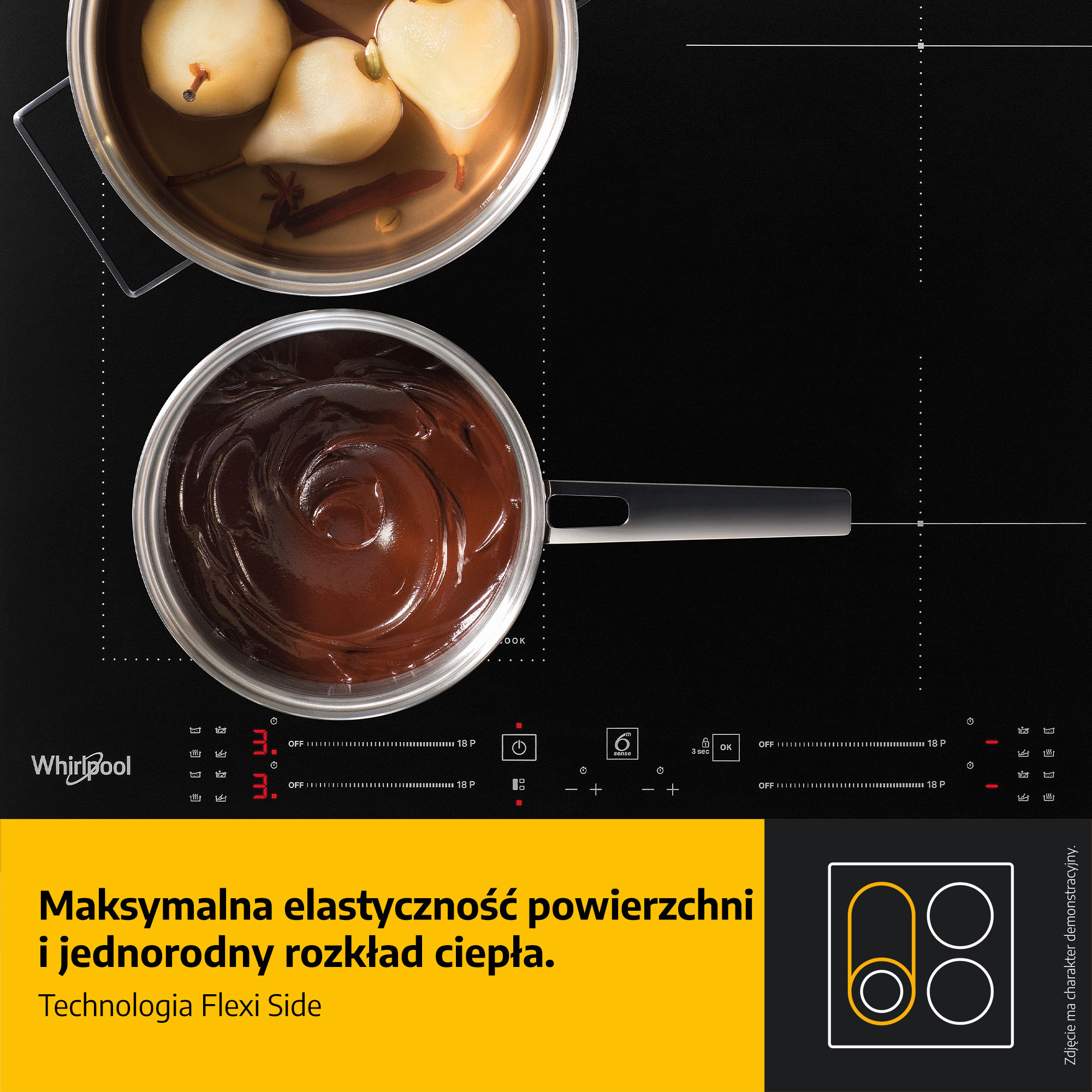 Dwa garnki z jedzeniem na czarnej płycie grzejnej. Jeden zawiera gruszki, drugi sos czekoladowy. Płyta grzejna ma elementy sterujące.