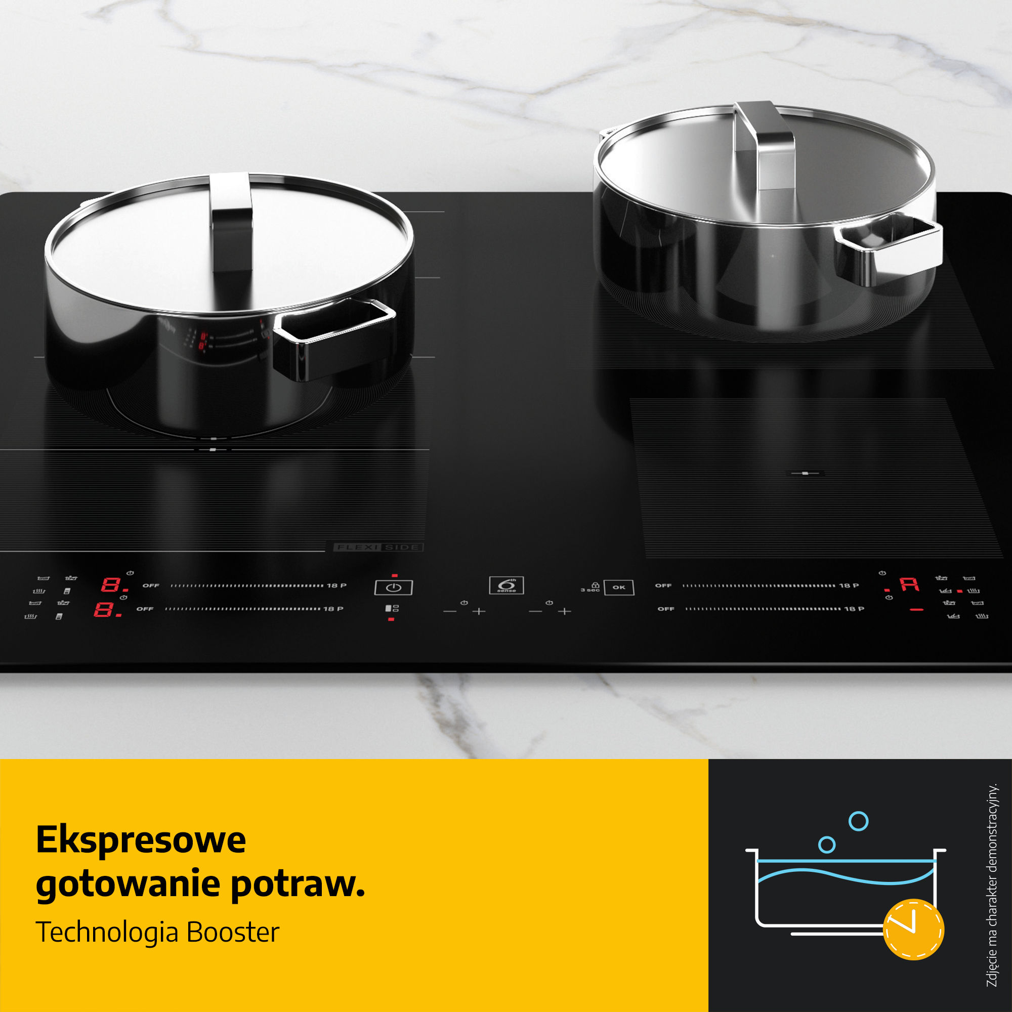 Czarna płyta indukcyjna z dwoma garnkami ze stali nierdzewnej. Płyta ma wyświetlacze cyfrowe i sterowanie dotykowe.