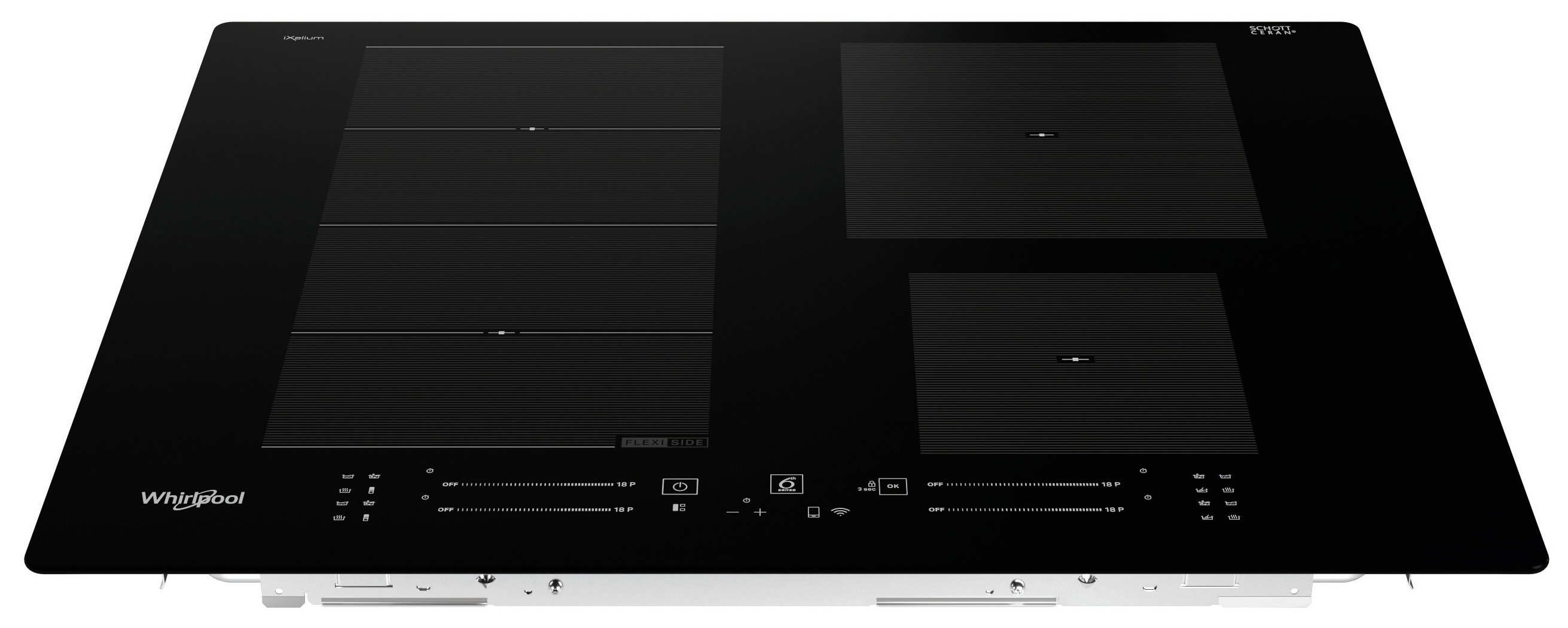 Czarna płyta indukcyjna z czterema strefami gotowania. Posiada logo Whirlpool i panel sterowania. Etykiety iXelium i FLEXI SIDE.