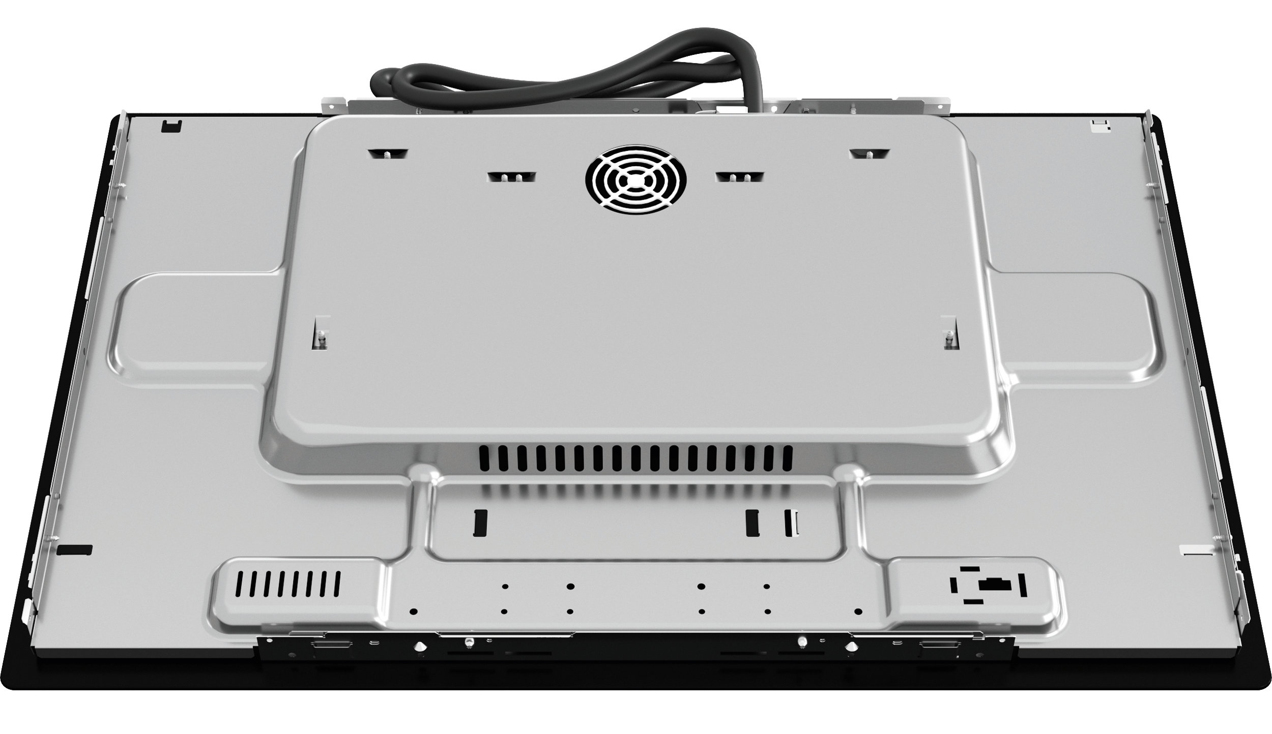 Spód srebrnej płyty indukcyjnej. Podłączony jest czarny przewód zasilający. Zawiera otwory wentylacyjne, śruby i wentylator.